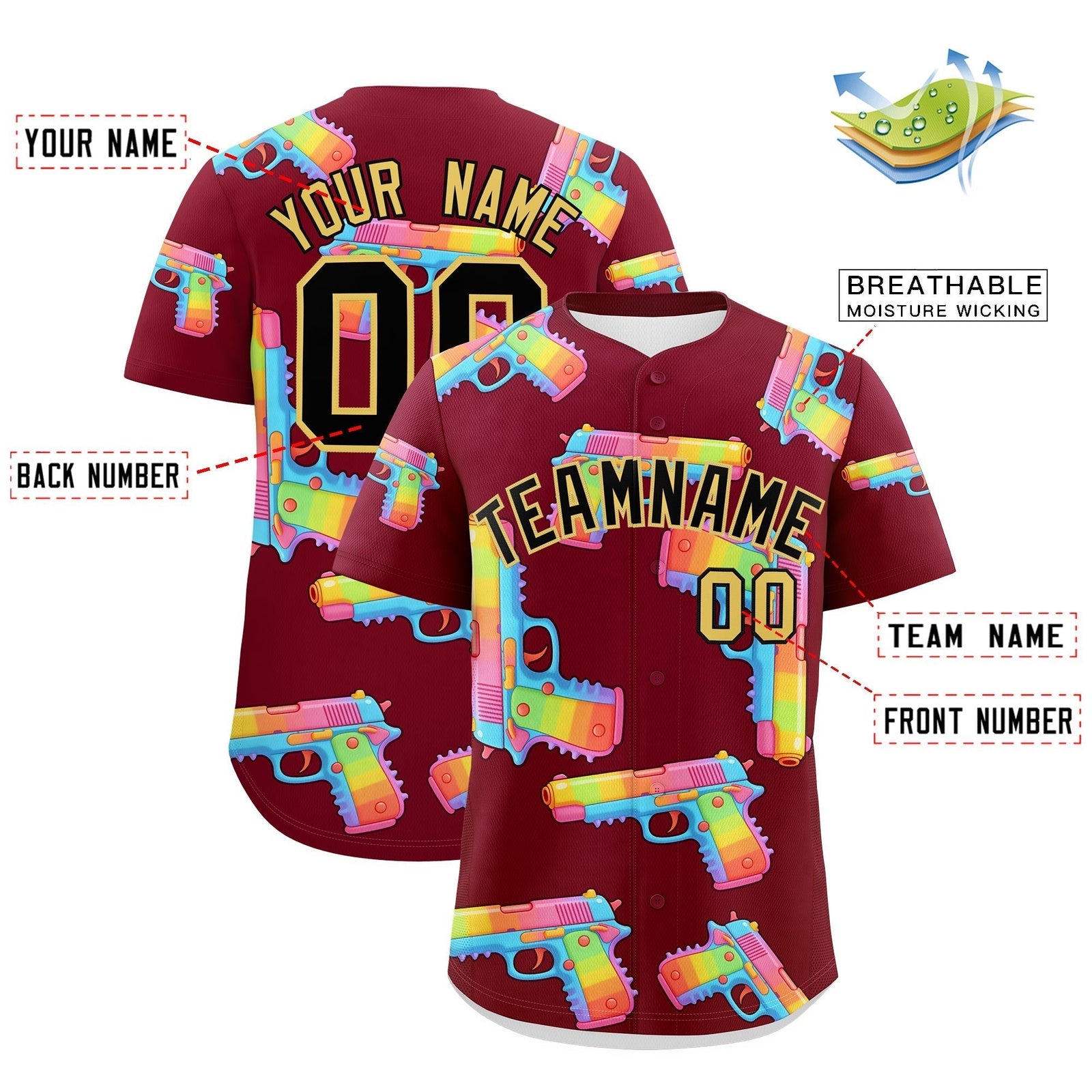 Custom Youth Baseball Jersey Crimson Black Khaki Sugar-Coated Firepower Graffiti Pattern Street Style