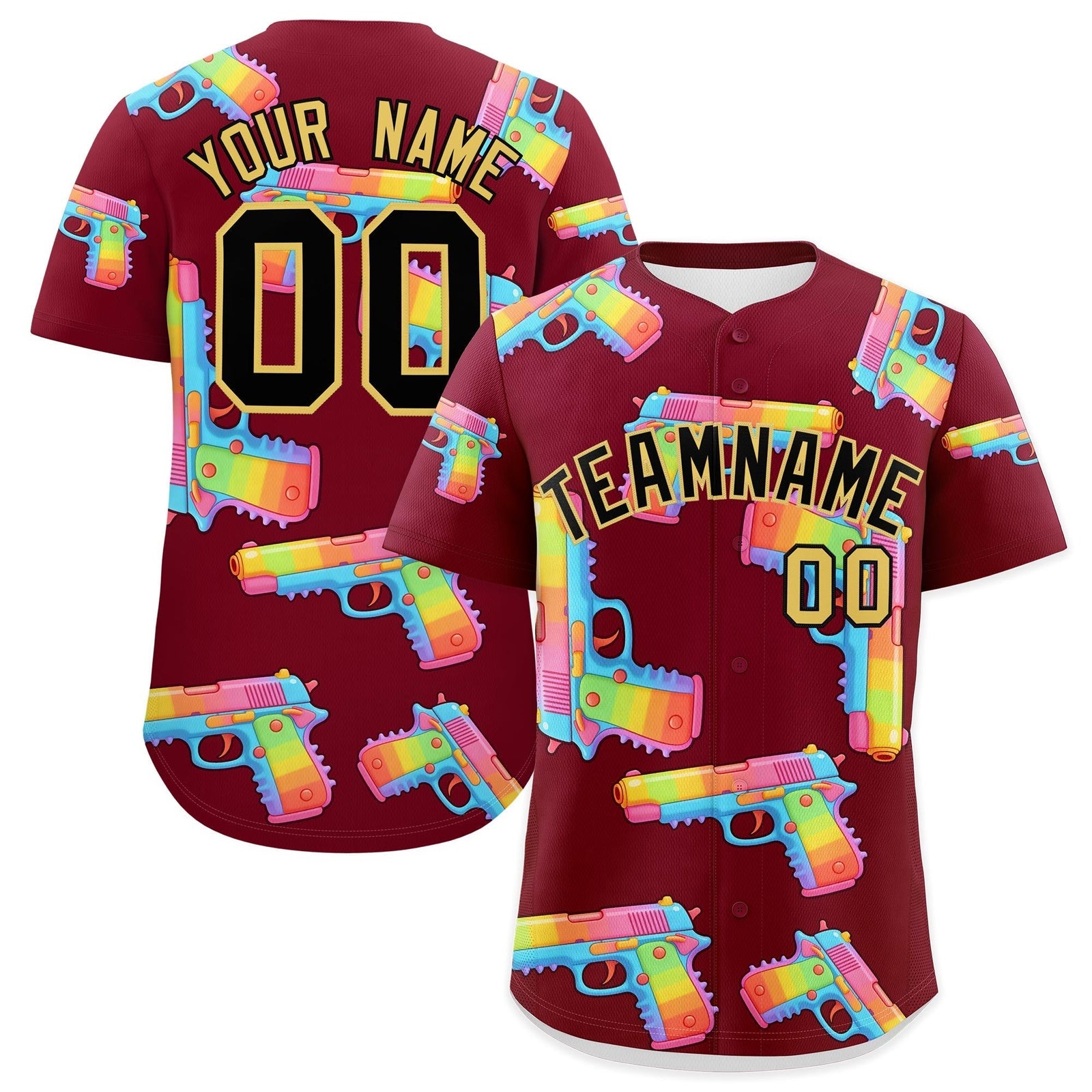 Custom Youth Baseball Jersey Crimson Black Khaki Sugar-Coated Firepower Graffiti Pattern Street Style