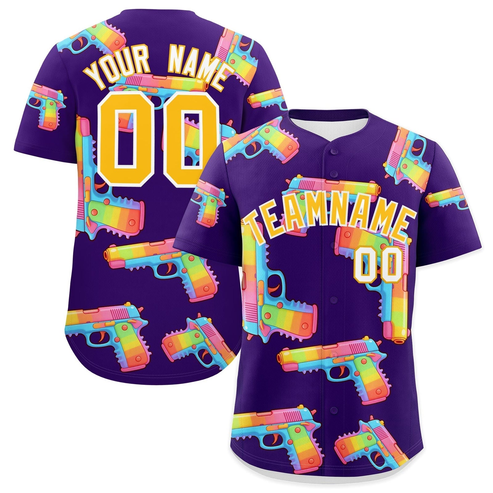 Custom Youth Baseball Jersey Purple Yellow Sugar-Coated Firepower Graffiti Pattern Street Style