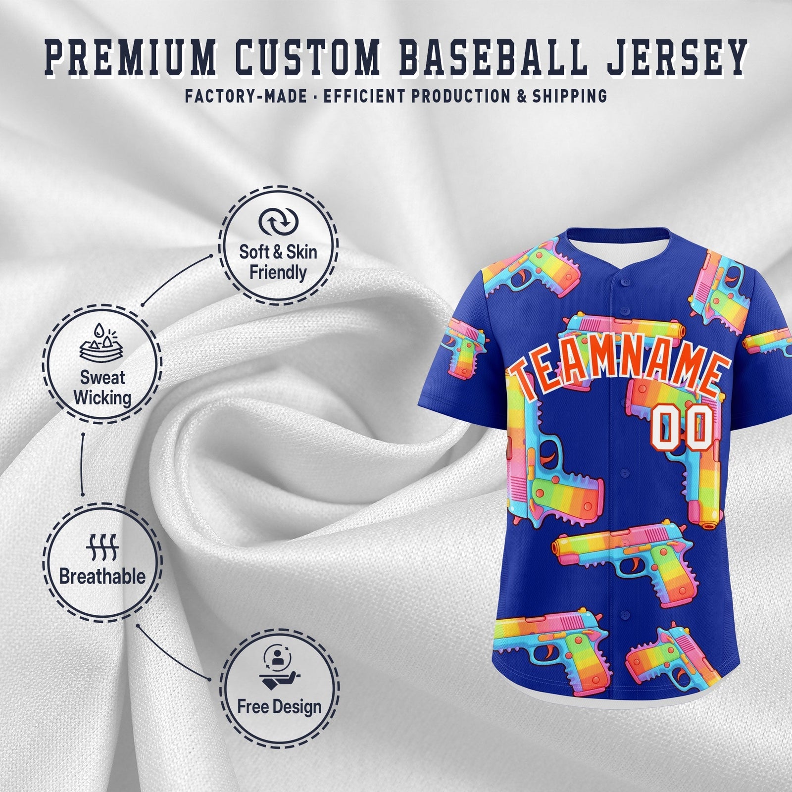 Custom Youth Baseball Jersey Royal Blue Orange Sugar-Coated Firepower Graffiti Pattern Street Style