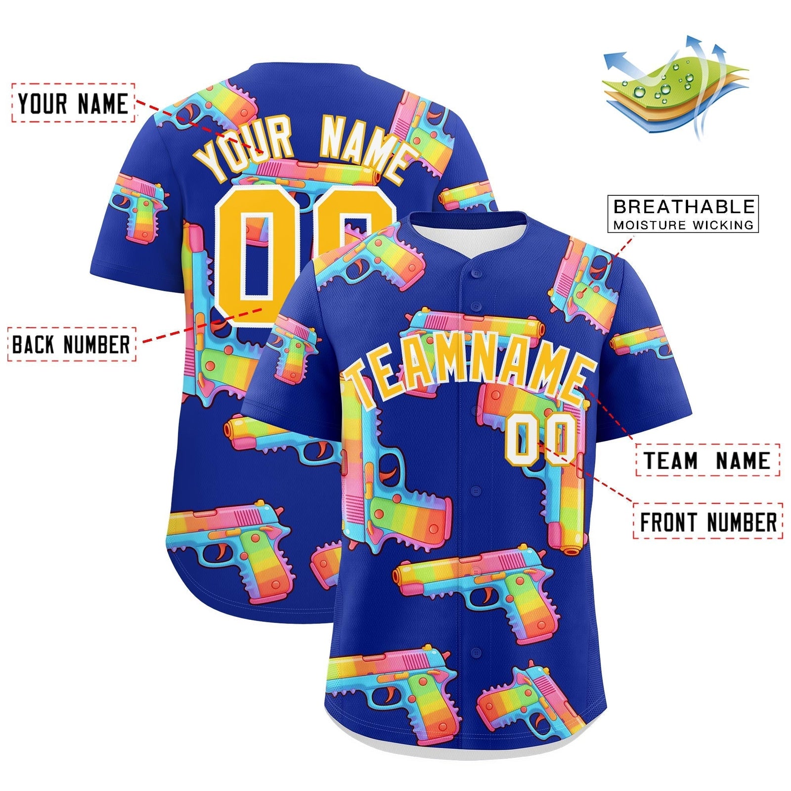 Custom Youth Baseball Jersey Royal Blue Yellow Sugar-Coated Firepower Graffiti Pattern Hip-hop