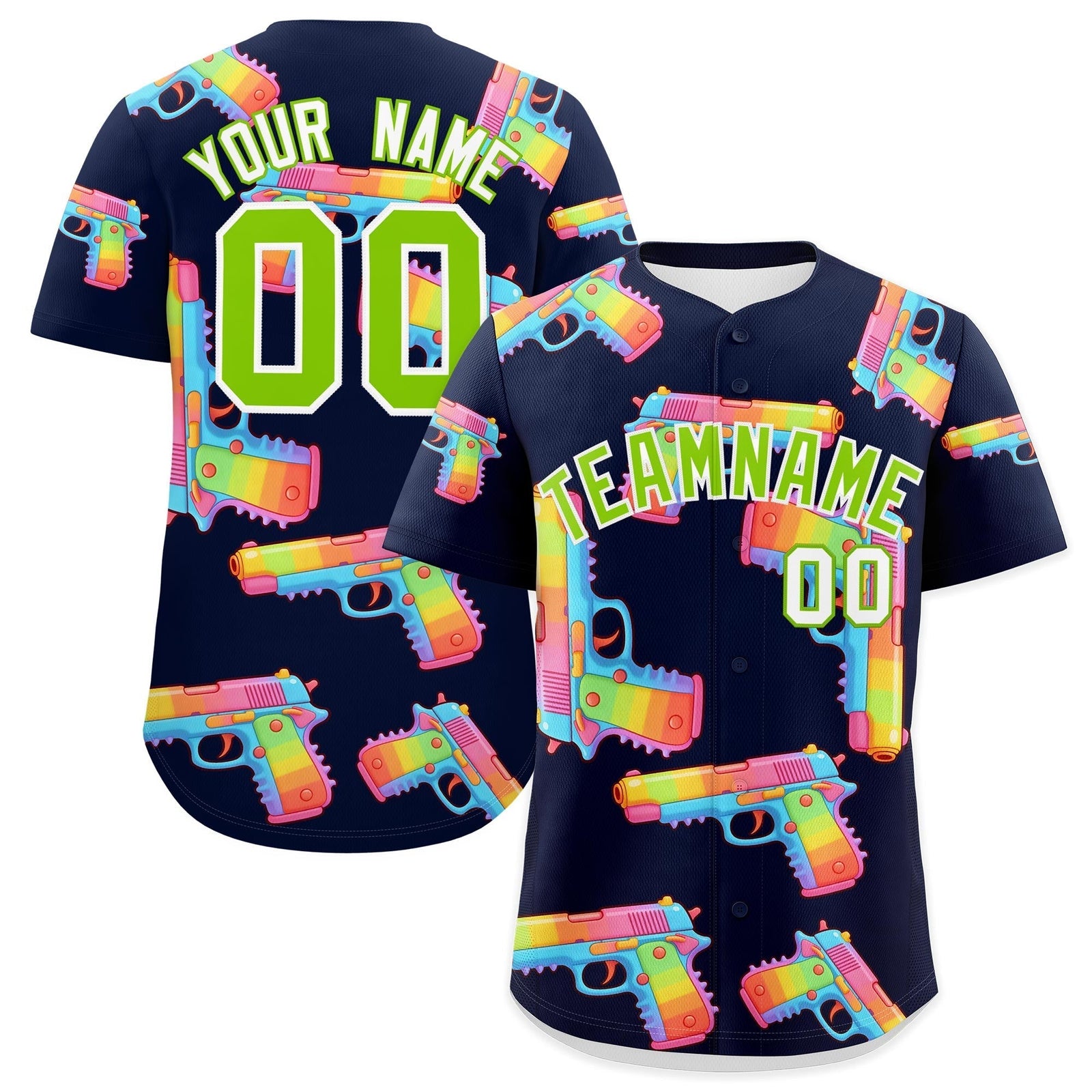 Custom Youth Baseball Jersey Navy Neon Green Sugar-Coated Firepower Graffiti Pattern Street Style