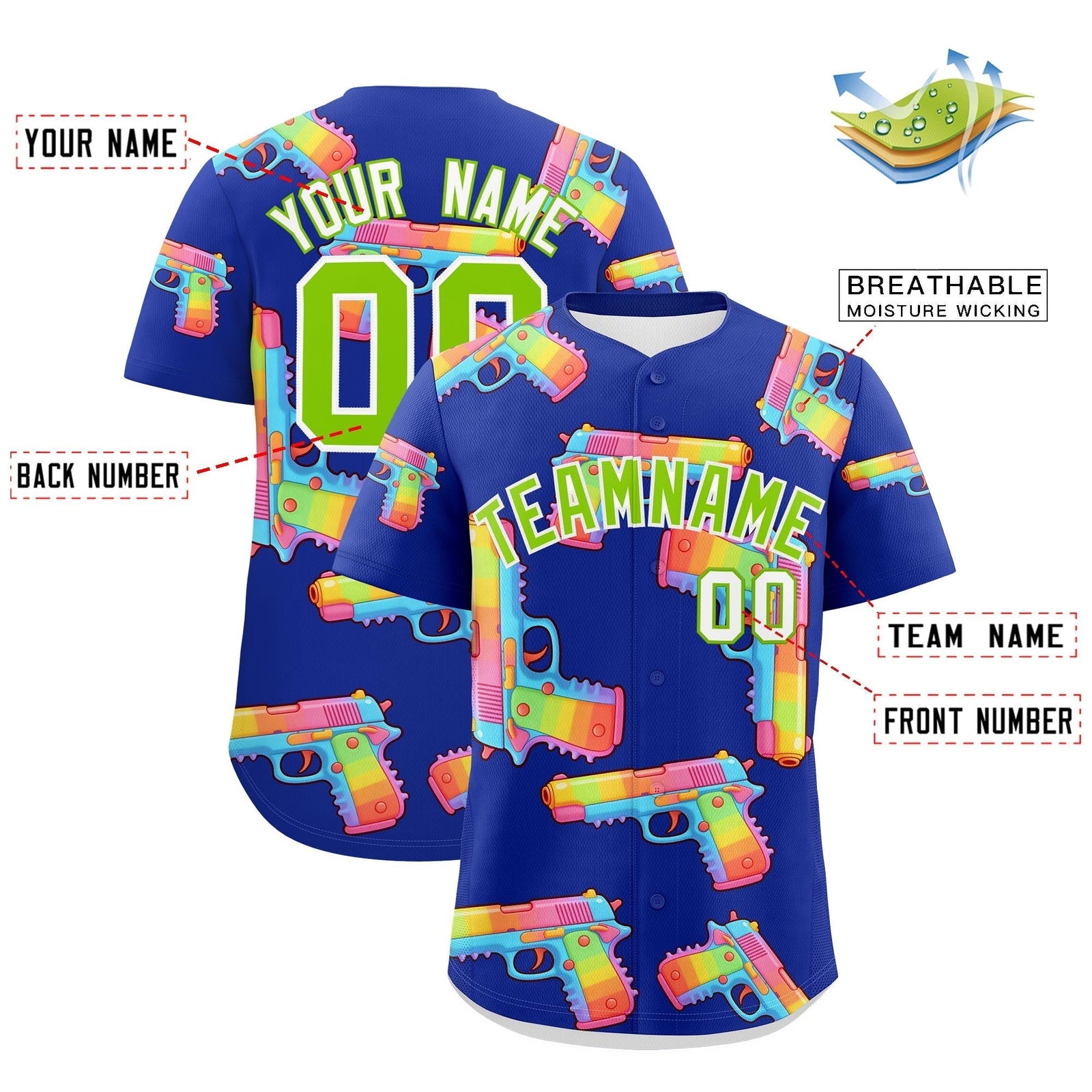 Custom Youth Baseball Jersey Royal Blue Neon Green Sugar-Coated Firepower Graffiti Pattern Hip-hop