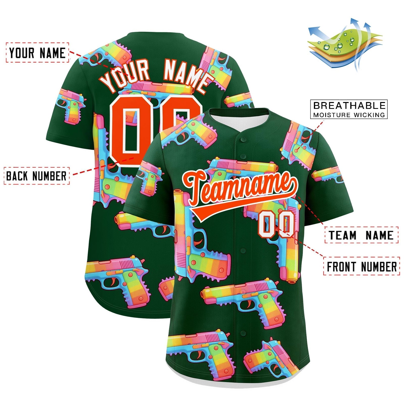 Custom Youth Baseball Jersey Dark Green Orange Sugar-Coated Firepower Graffiti Pattern Hip-hop