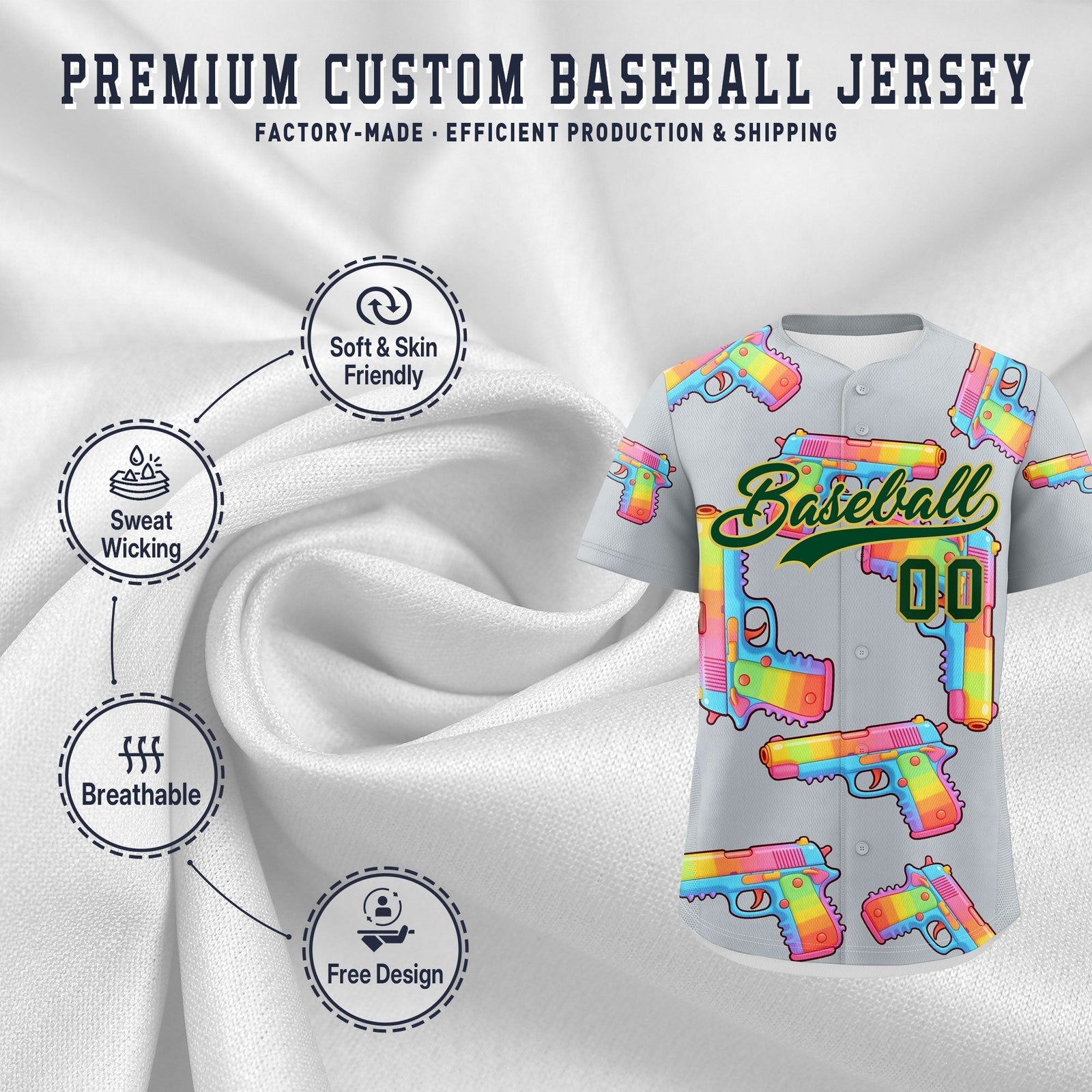 Custom Youth Baseball Jersey Silver Dark Green Sugar-Coated Firepower Graffiti Pattern Hip-hop
