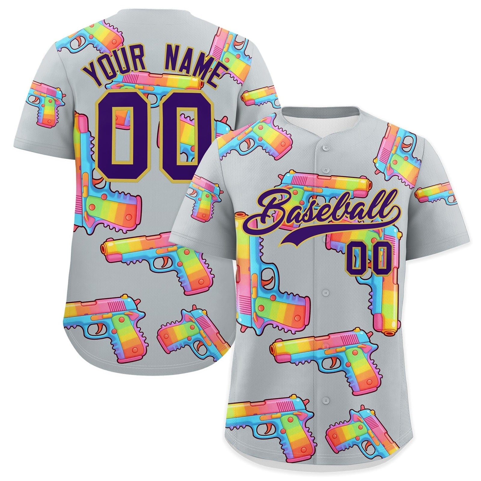 Custom Youth Baseball Jersey Silver Purple Sugar-Coated Firepower Graffiti Pattern Urban Fashion