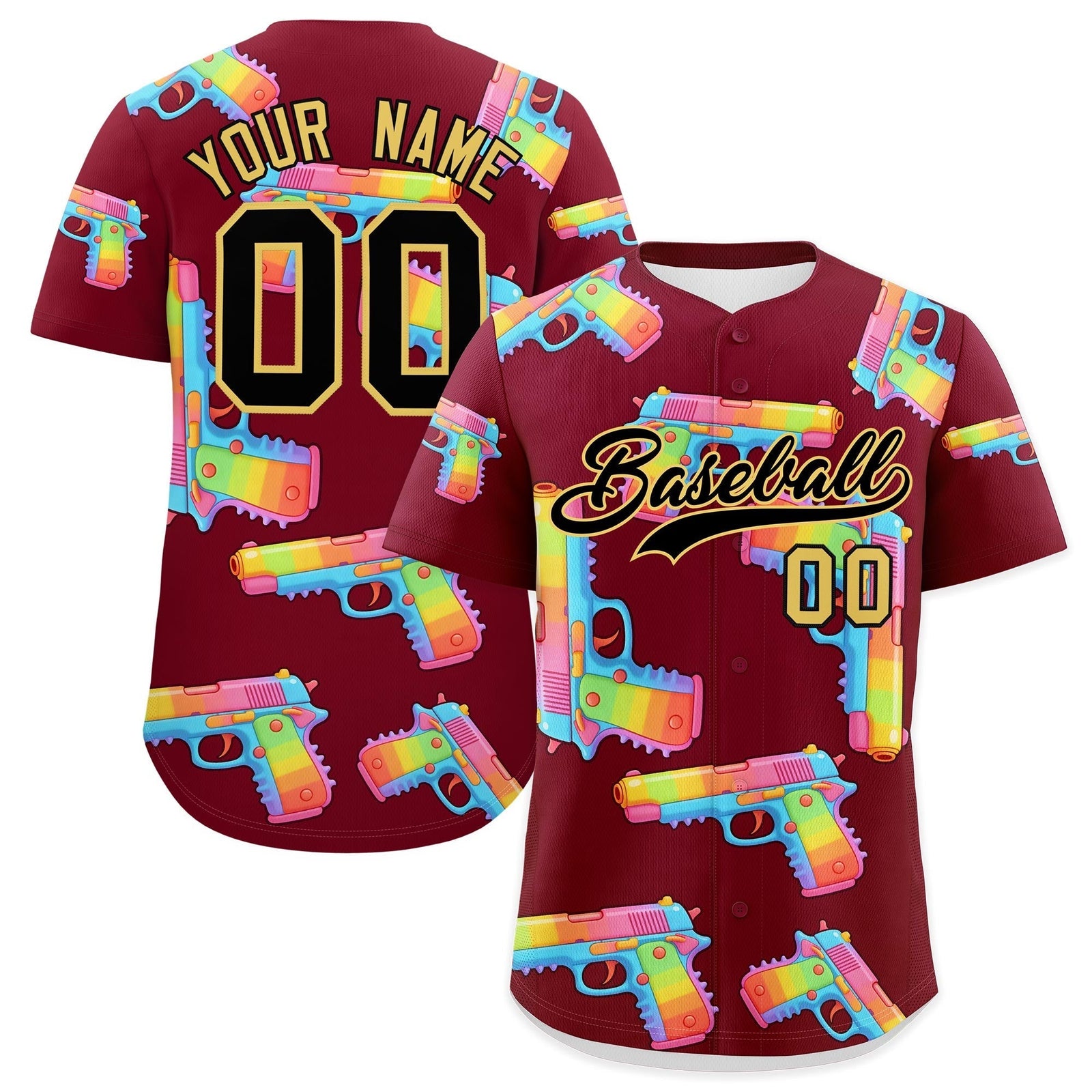 Custom Youth Baseball Jersey Crimson Black Khaki Sugar-Coated Firepower Graffiti Pattern Street Style