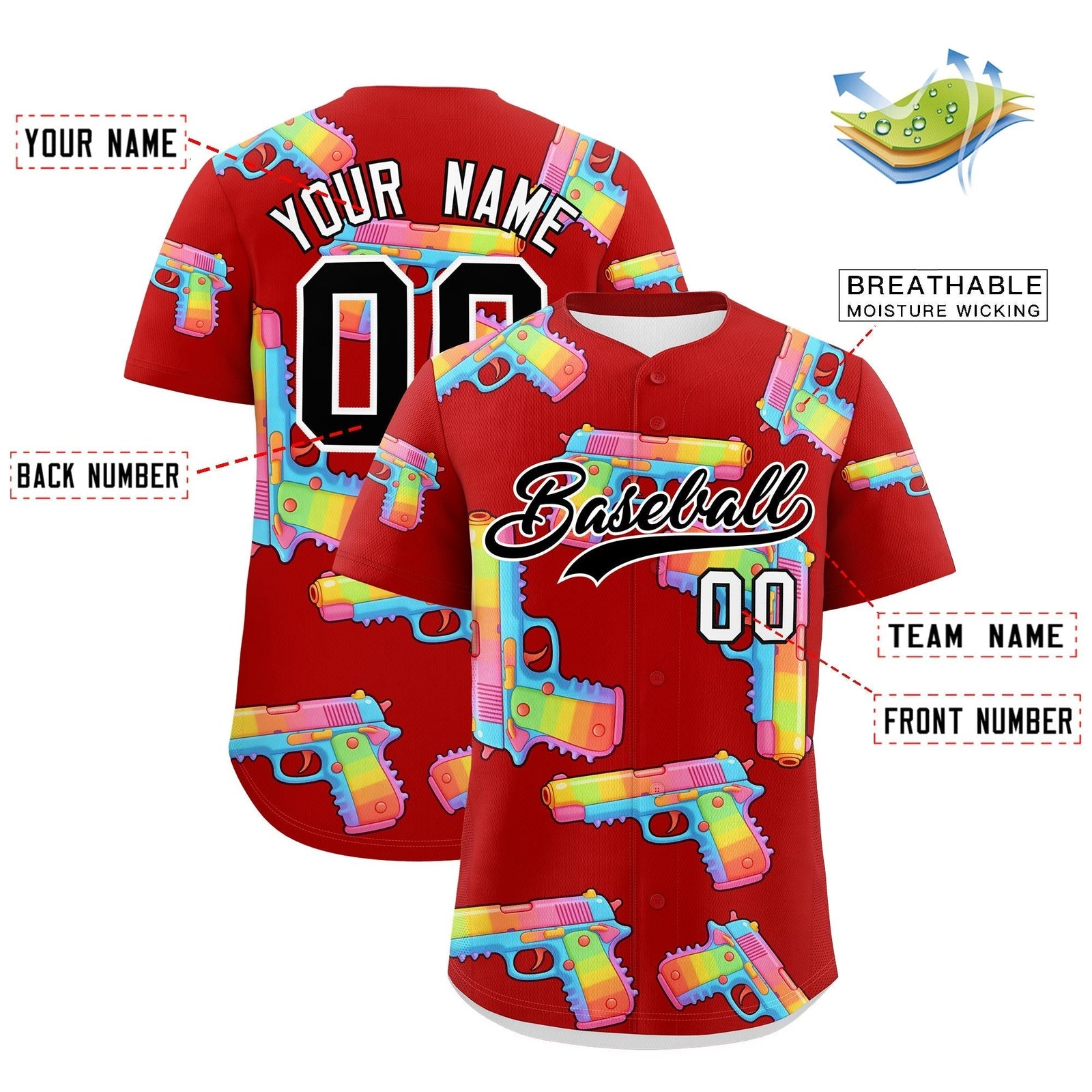 Custom Youth Baseball Jersey Red Black Sugar-Coated Firepower Graffiti Pattern Street Style