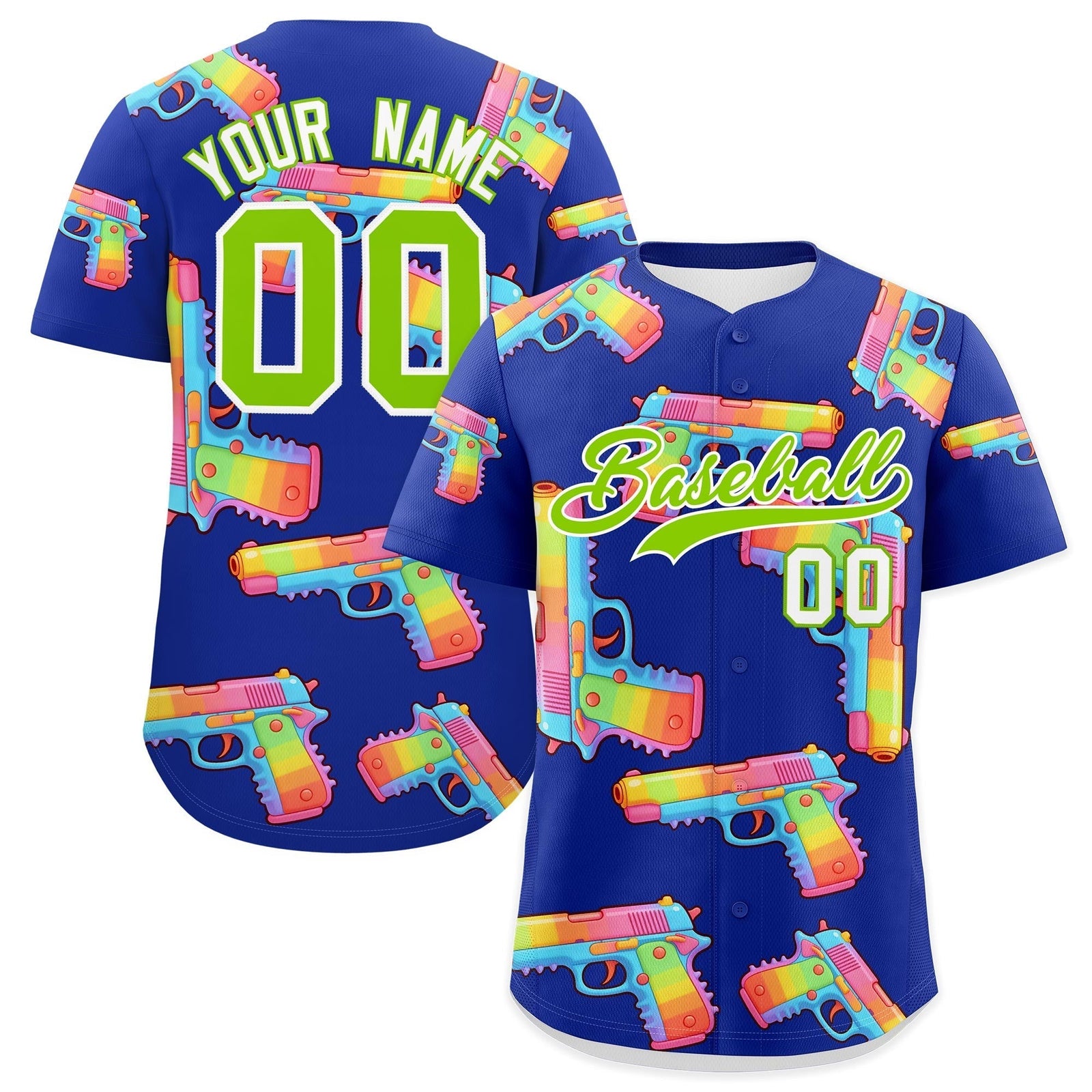 Custom Youth Baseball Jersey Royal Blue Neon Green Sugar-Coated Firepower Graffiti Pattern Hip-hop
