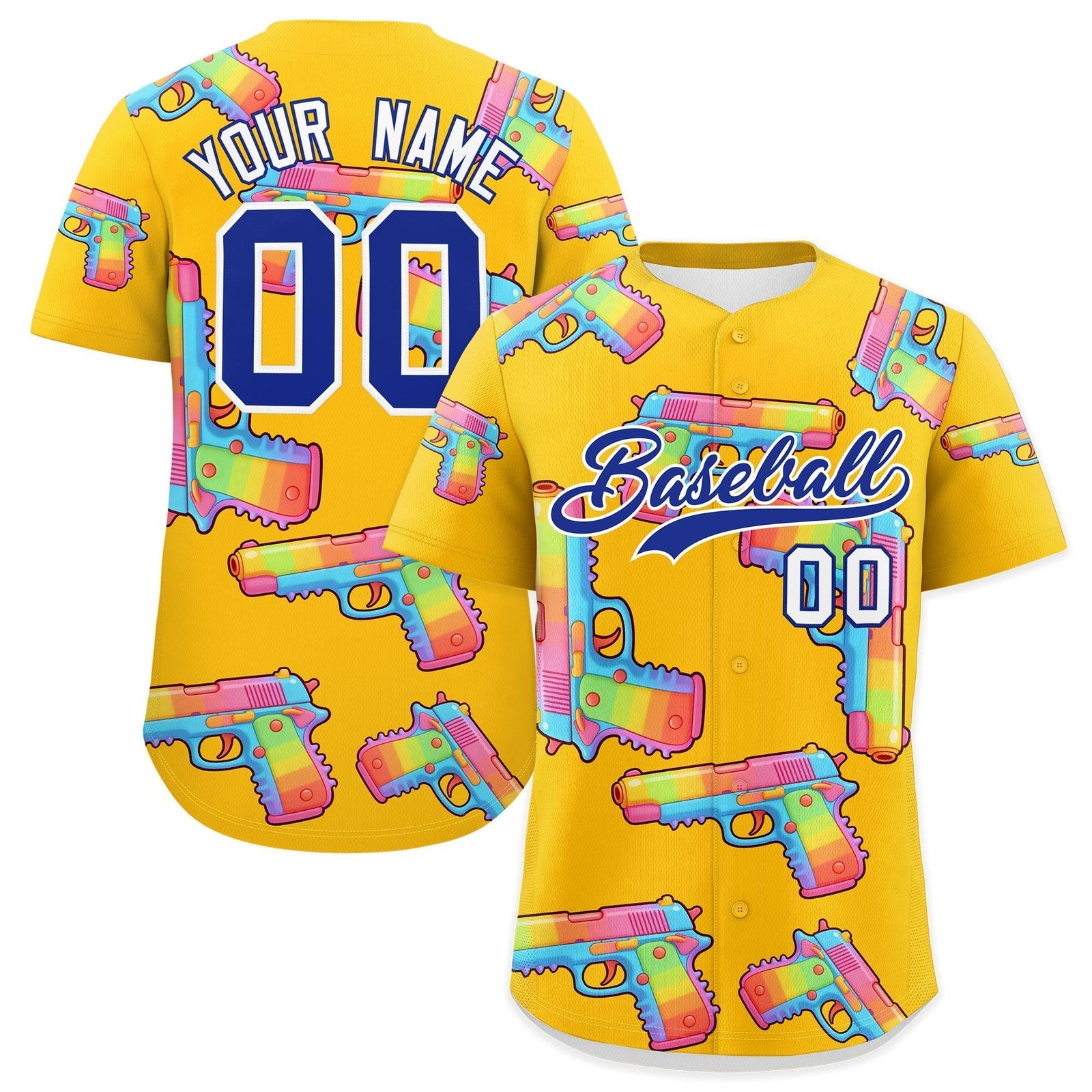 Custom Youth Baseball Jersey Yellow Royal Blue Sugar-Coated Firepower Graffiti Pattern Street Style