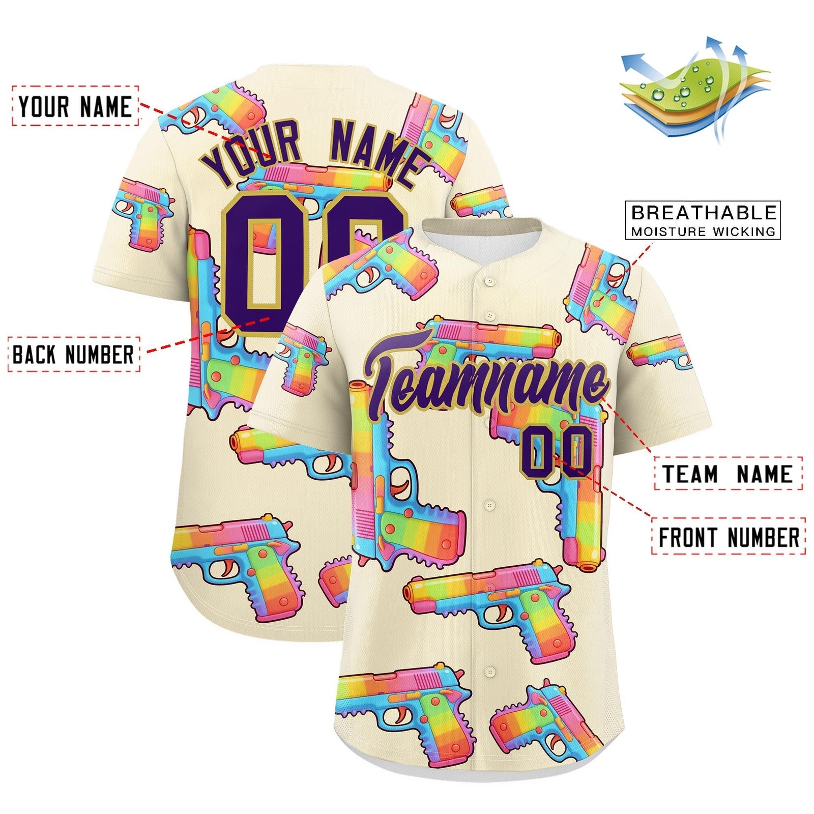 Custom Youth Baseball Jersey Cream Purple Sugar-Coated Firepower Graffiti Pattern Street Style
