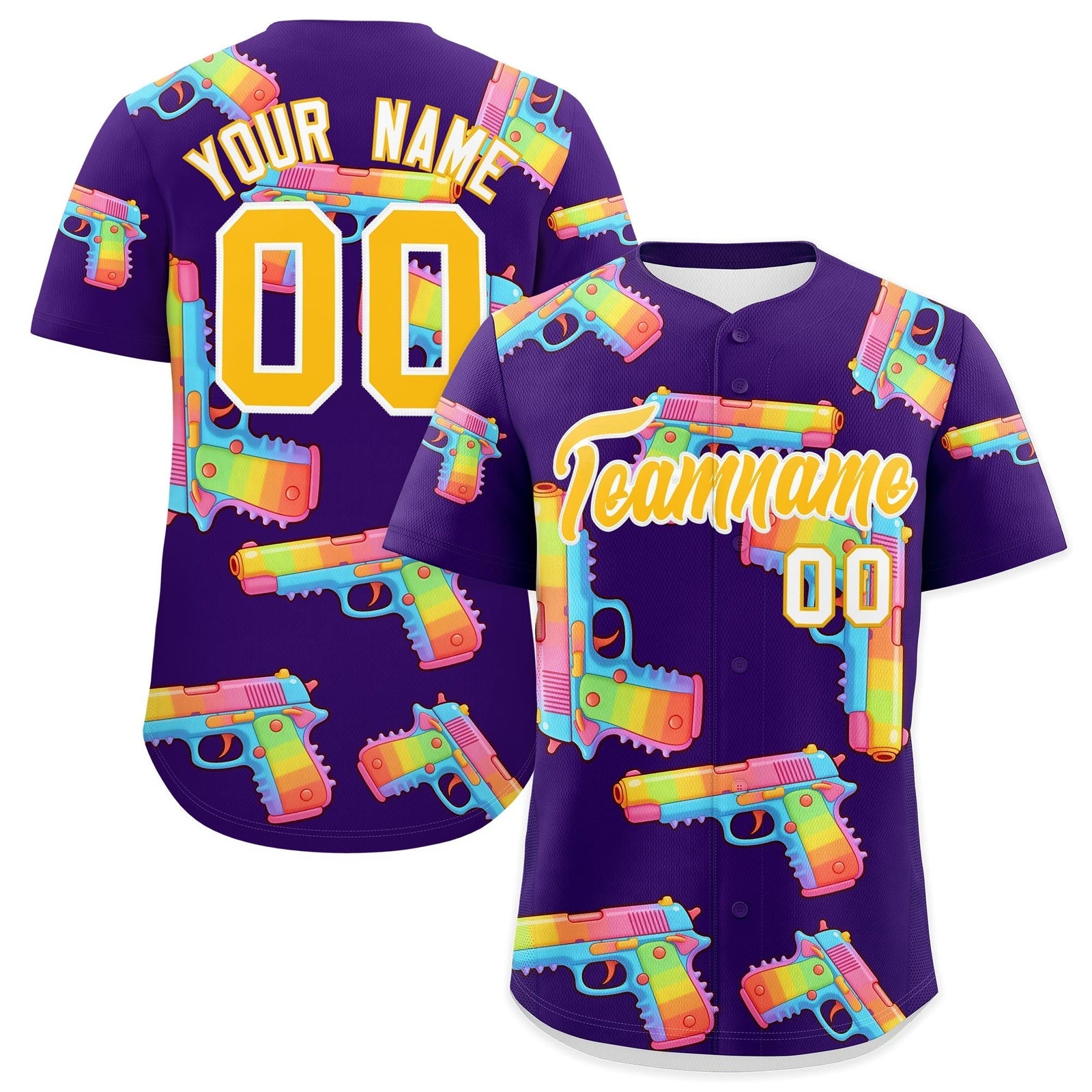Custom Youth Baseball Jersey Purple Yellow Sugar-Coated Firepower Graffiti Pattern Street Style