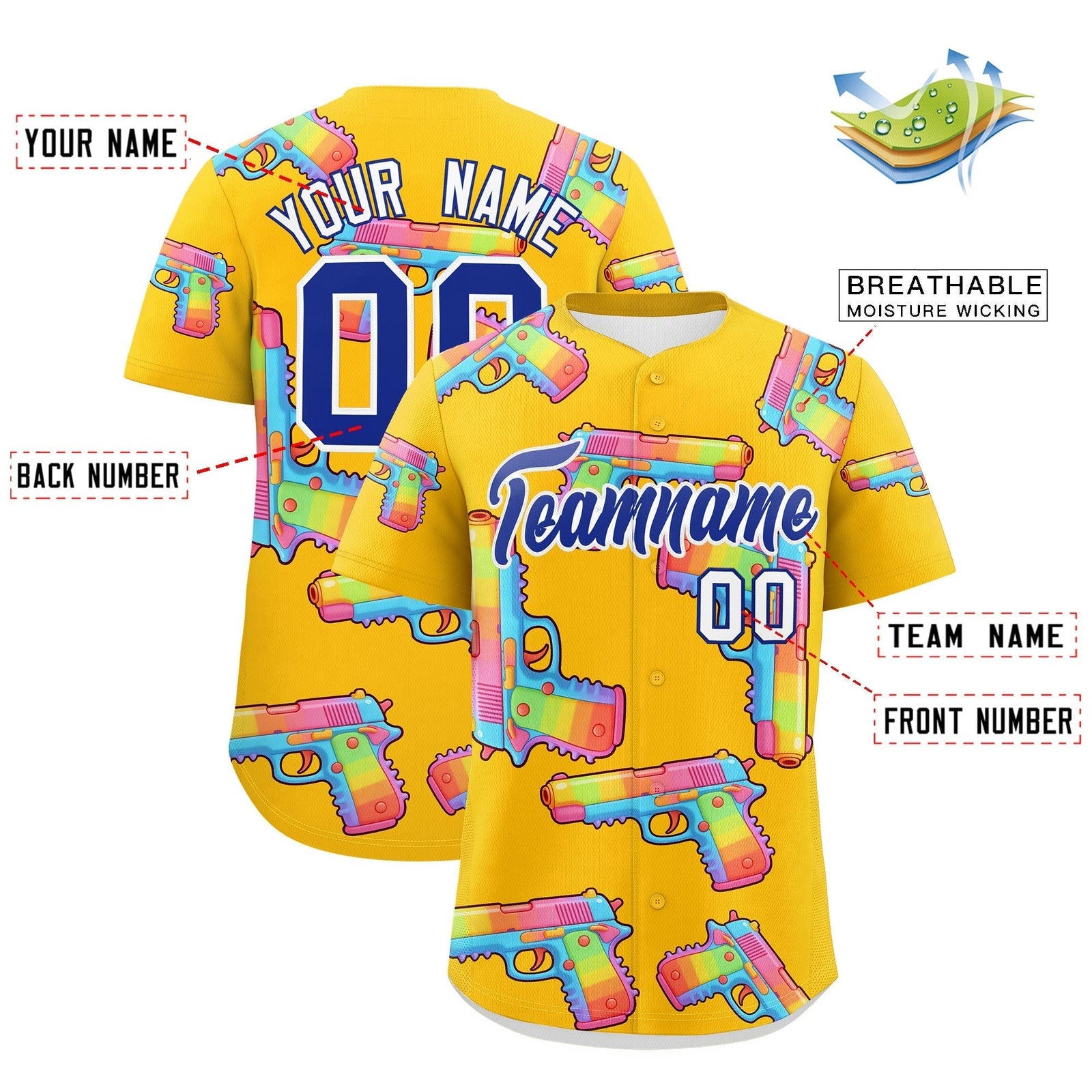 Custom Youth Baseball Jersey Yellow Royal Blue Sugar-Coated Firepower Graffiti Pattern Street Style