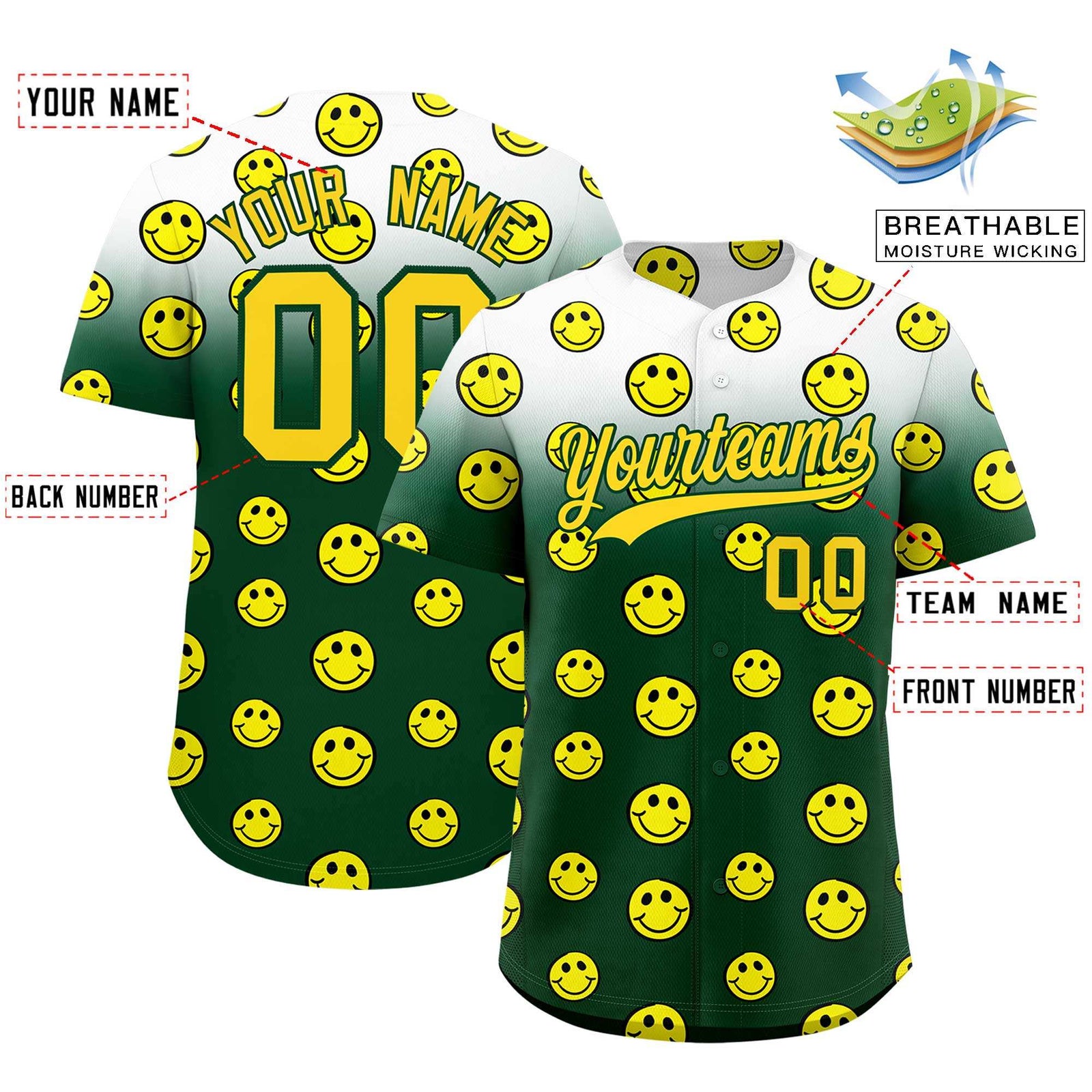 Custom White Green Graffiti Gradient Pattern Authentic Smile Baseball Jersey