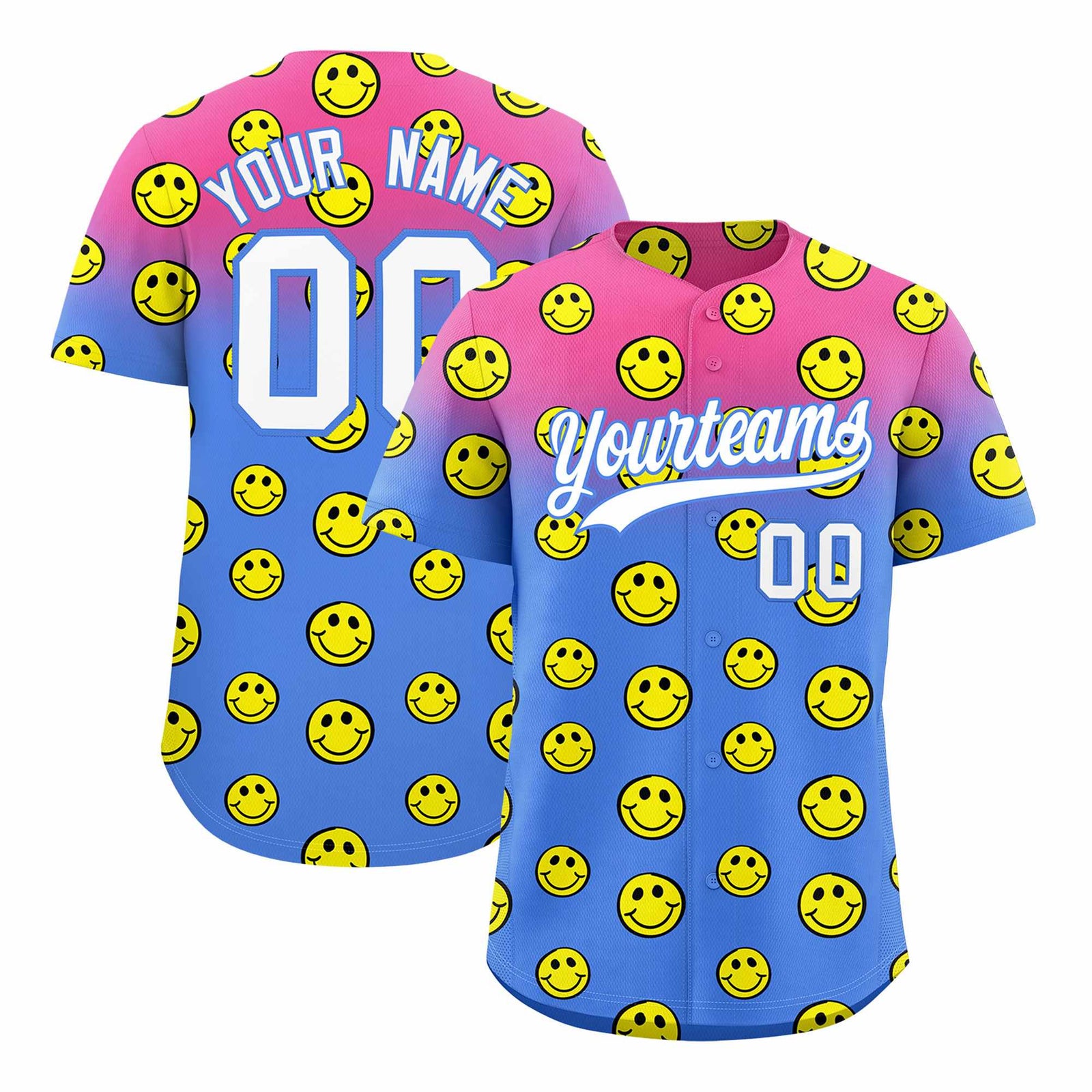 Custom Pink Light Blue Graffiti Gradient Pattern Authentic Smile Baseball Jersey