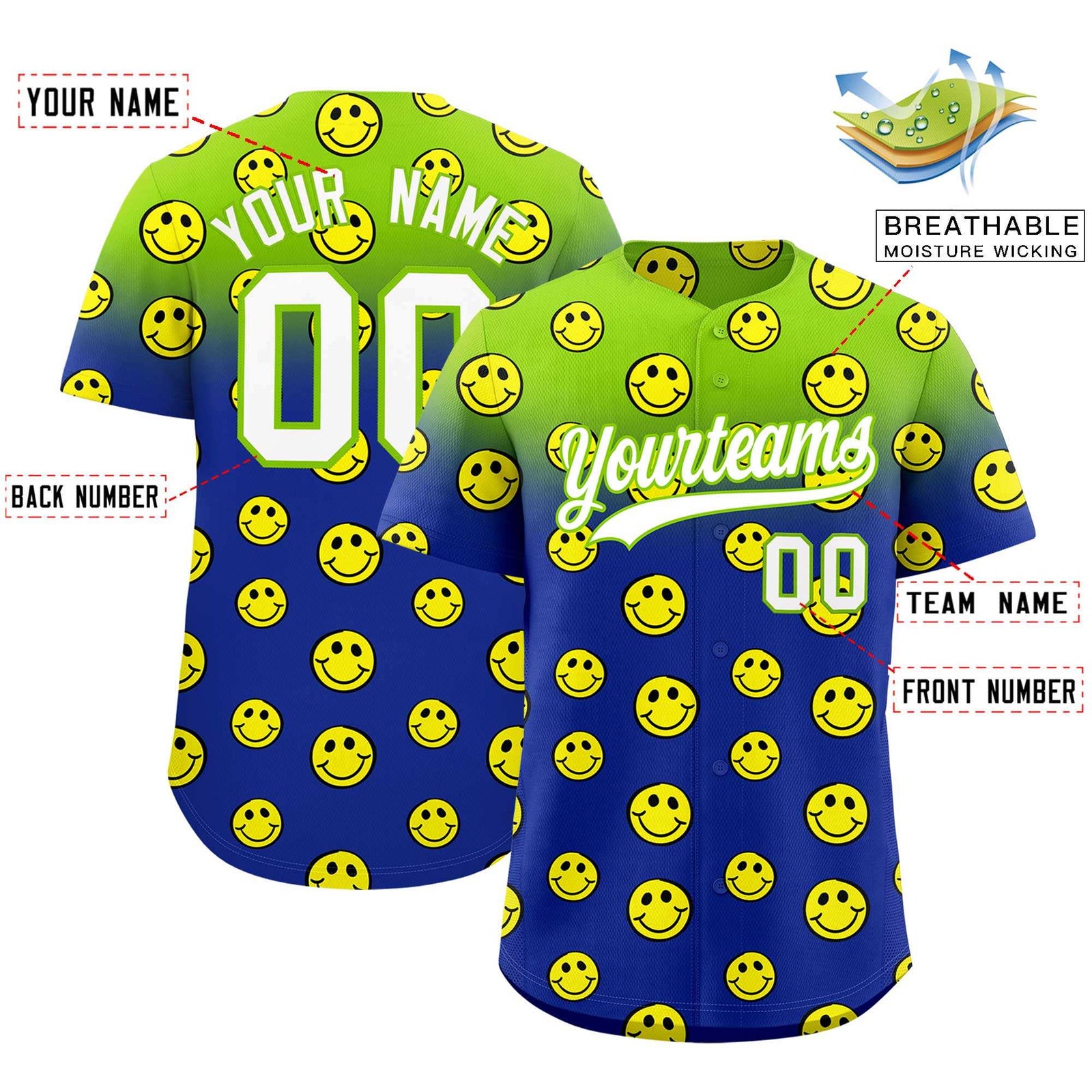 Custom Neon Green Royal Graffiti Gradient Pattern Authentic Smile Baseball Jersey