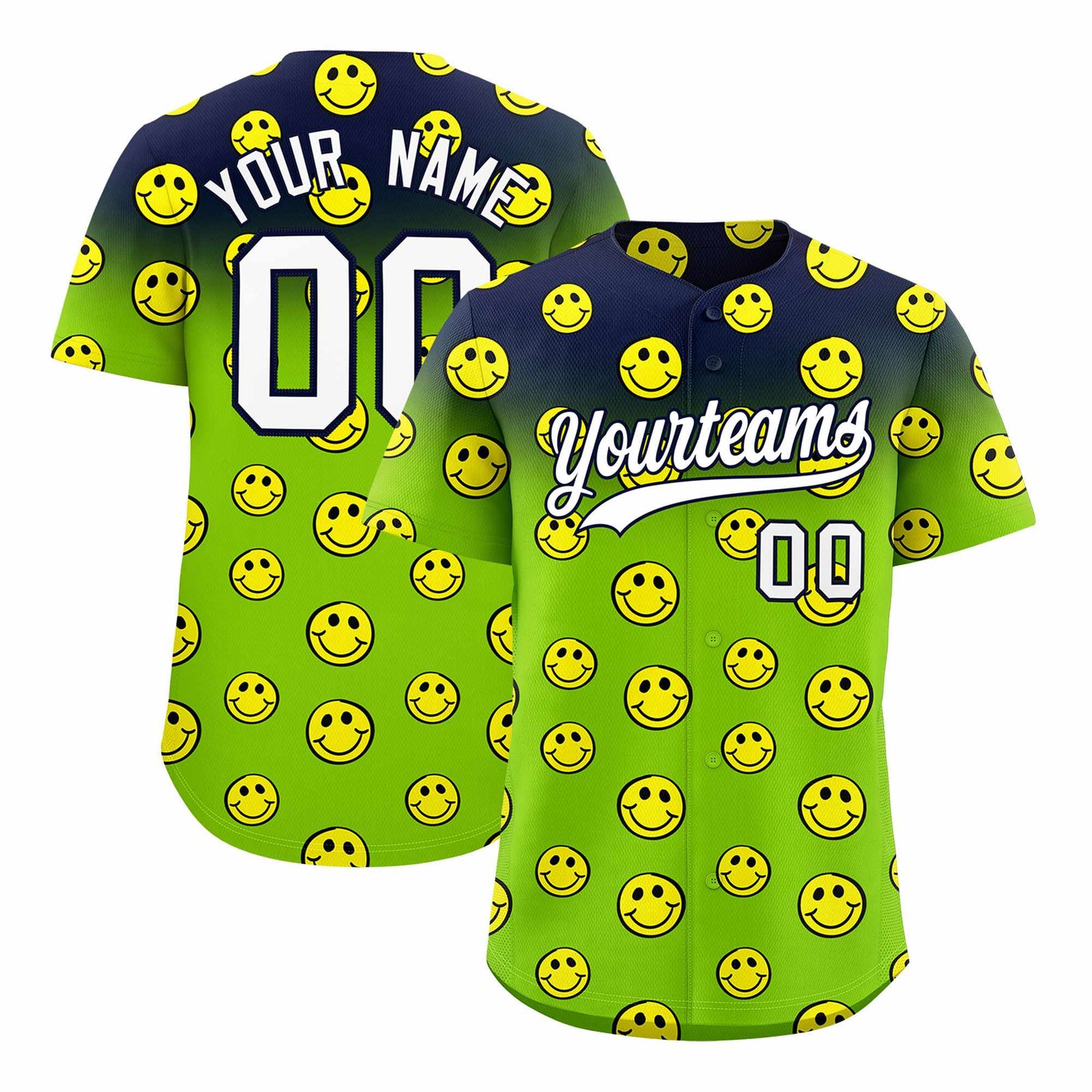 Custom Navy Neon Green Graffiti Gradient Pattern Authentic Smile Baseball Jersey