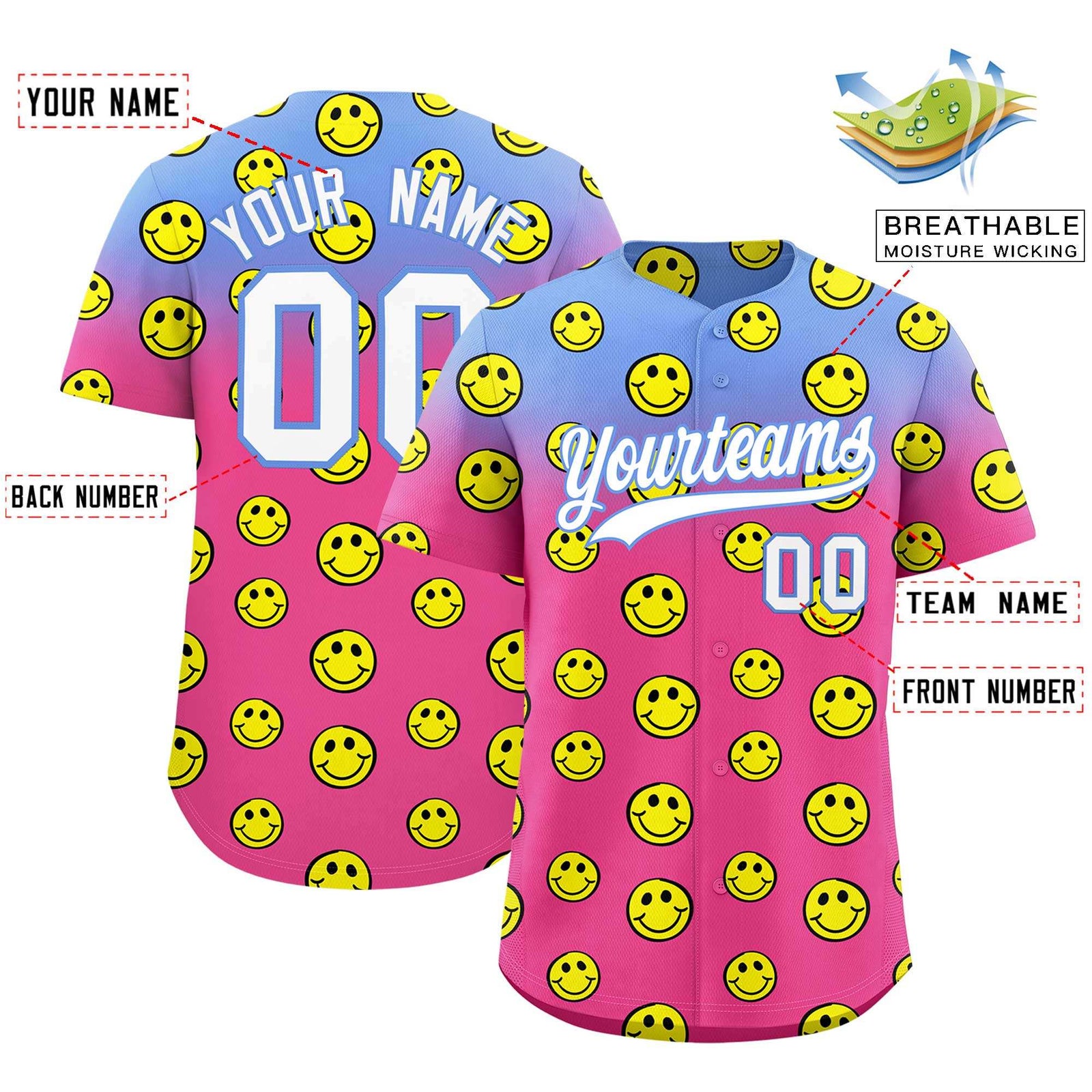 Custom Light Blue Pink Graffiti Gradient Pattern Authentic Smile Baseball Jersey