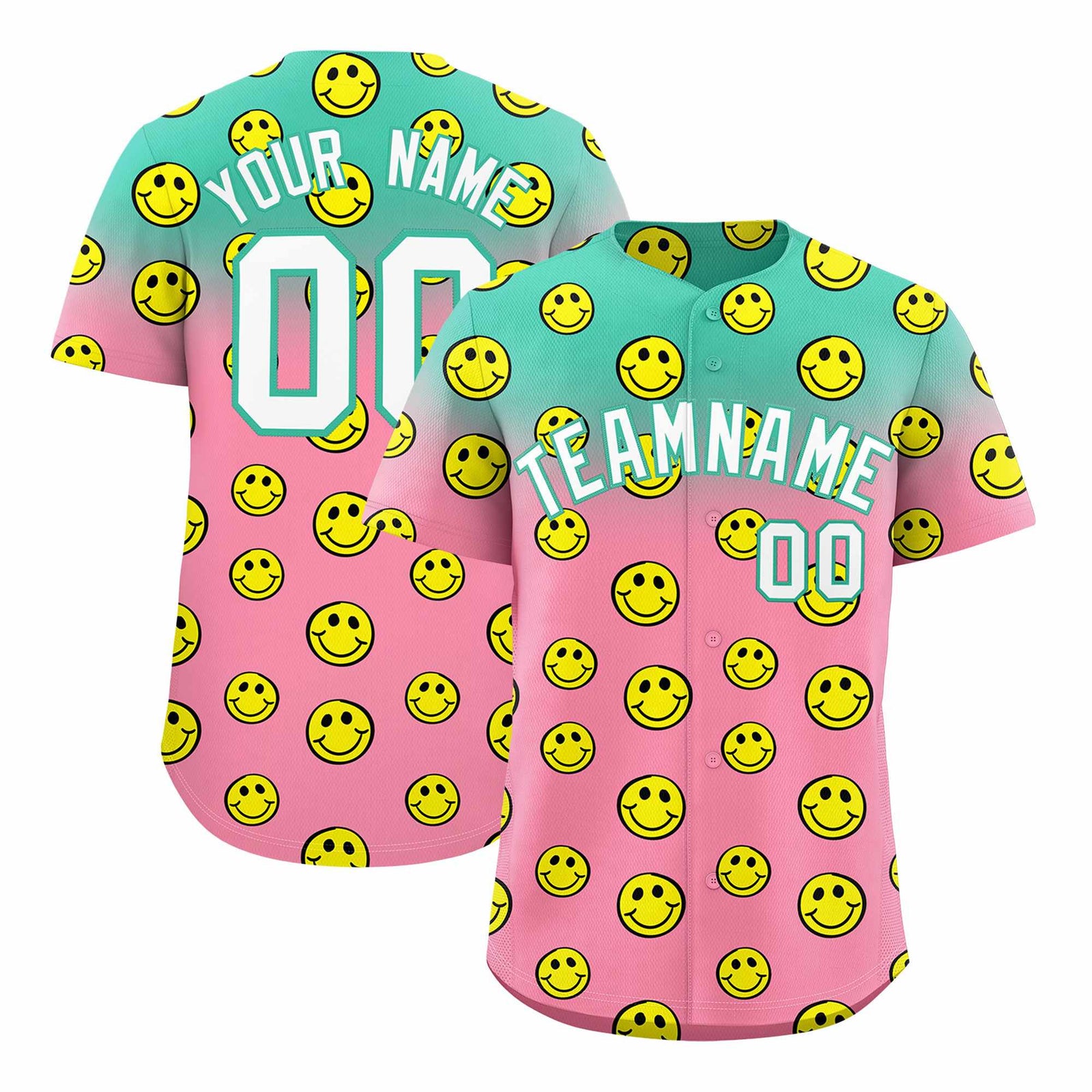 Custom Bright Green Light Pink Graffiti Gradient Pattern Authentic Smile Baseball Jersey