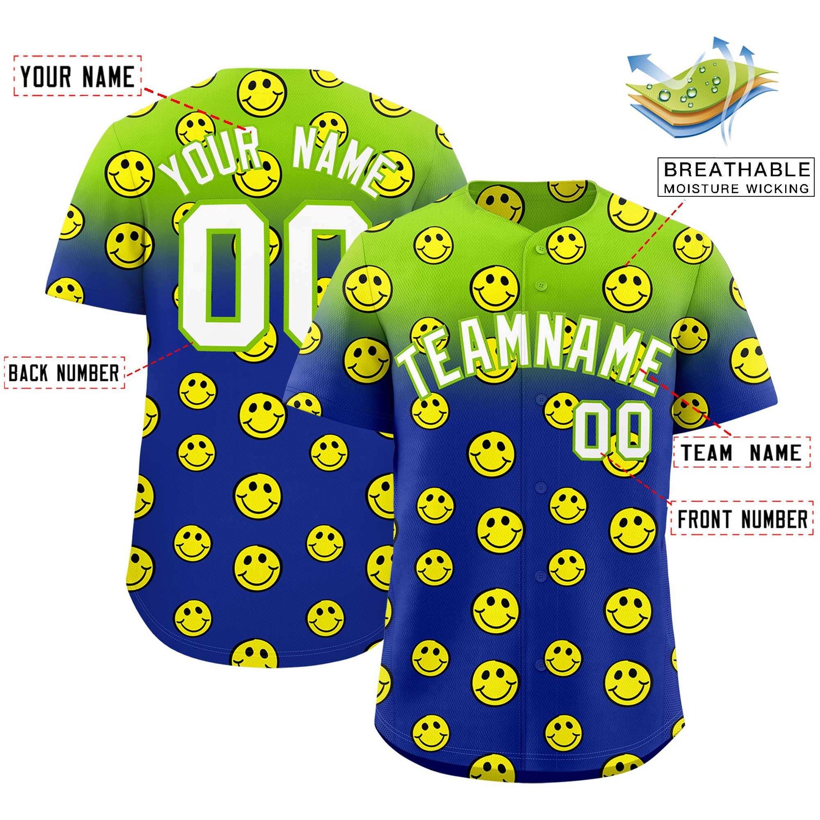 Custom Neon Green Royal Graffiti Gradient Pattern Authentic Smile Baseball Jersey