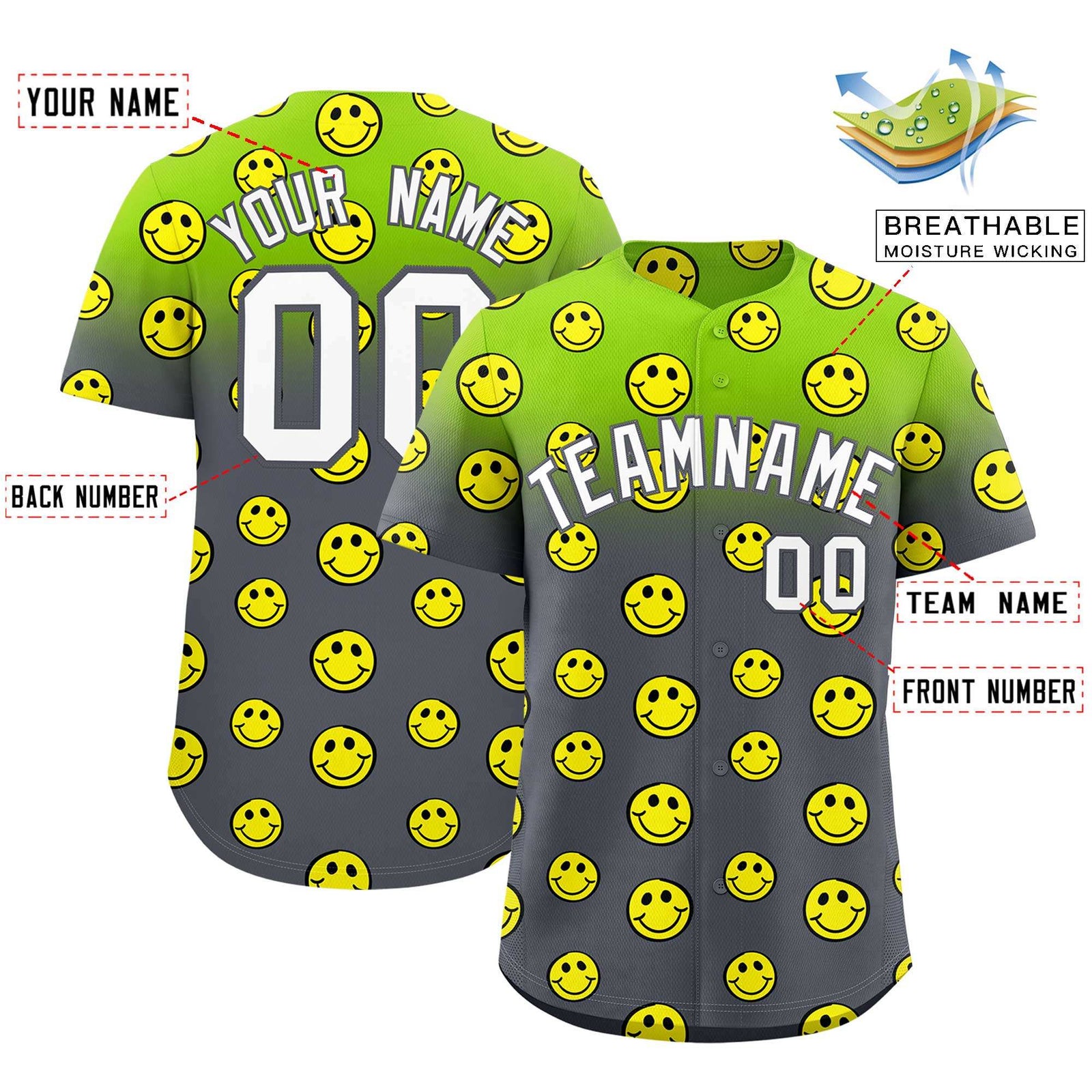 Custom Neon Green Dark Gray Graffiti Gradient Pattern Authentic Smile Baseball Jersey