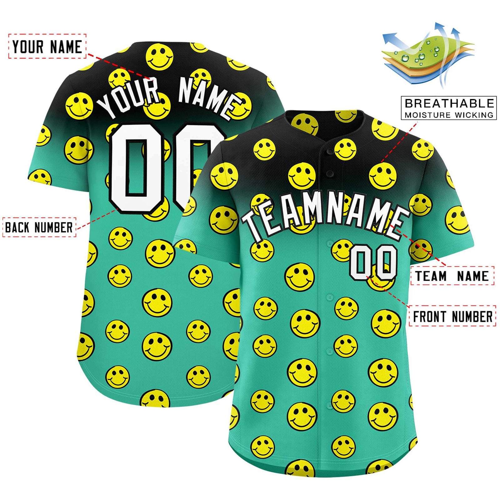 Custom Black Bright Green Graffiti Gradient Pattern Authentic Smile Baseball Jersey