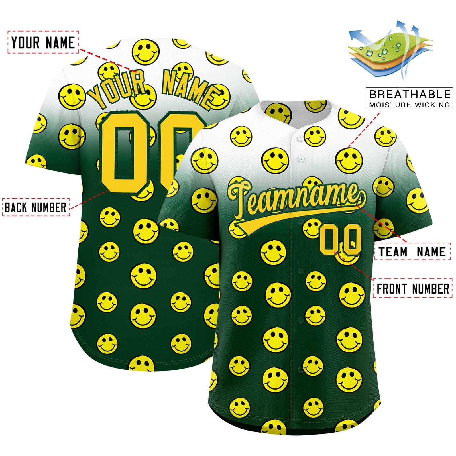 Custom White Green Graffiti Gradient Pattern Authentic Smile Baseball Jersey