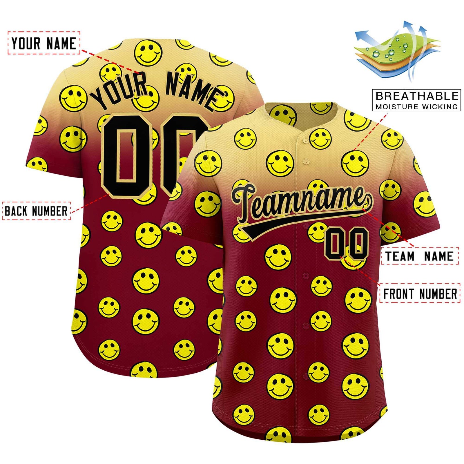 Custom Khaki Crimson Graffiti Gradient Pattern Authentic Smile Baseball Jersey