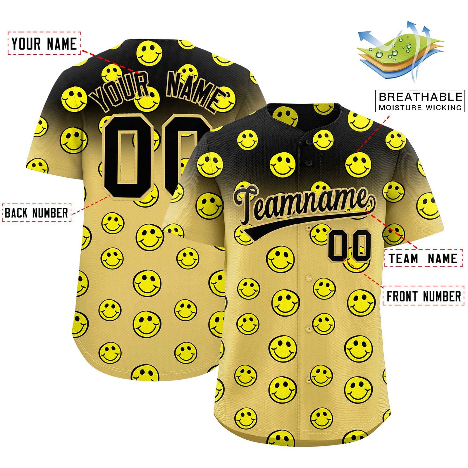 Custom Black Old Gold Graffiti Gradient Pattern Authentic Smile Baseball Jersey
