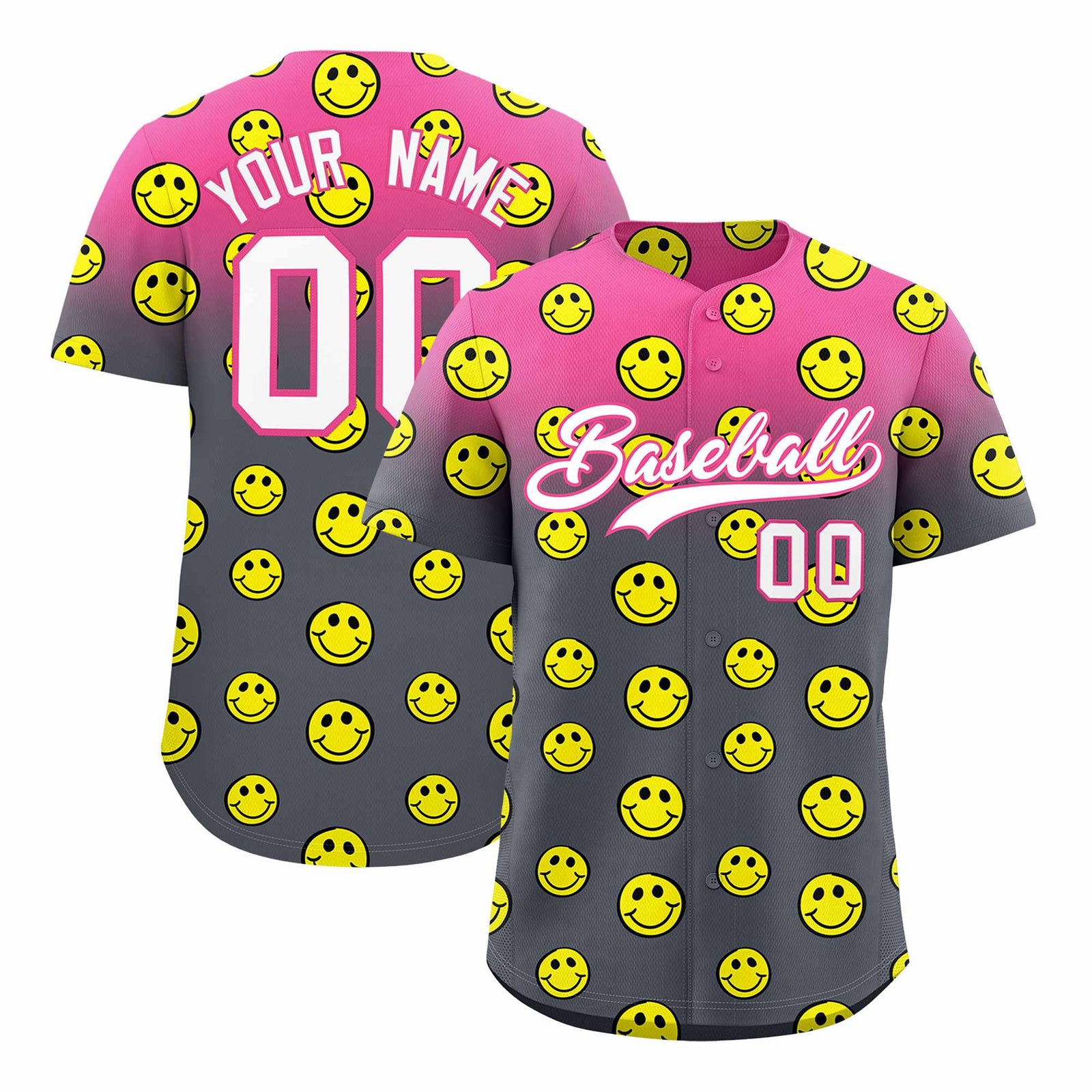 Custom Pink Dark Gray Graffiti Gradient Pattern Authentic Smile Baseball Jersey