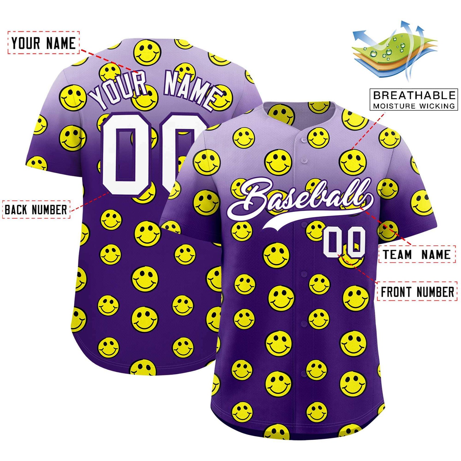 Custom Light Purple Purple Graffiti Gradient Pattern Authentic Smile Baseball Jersey