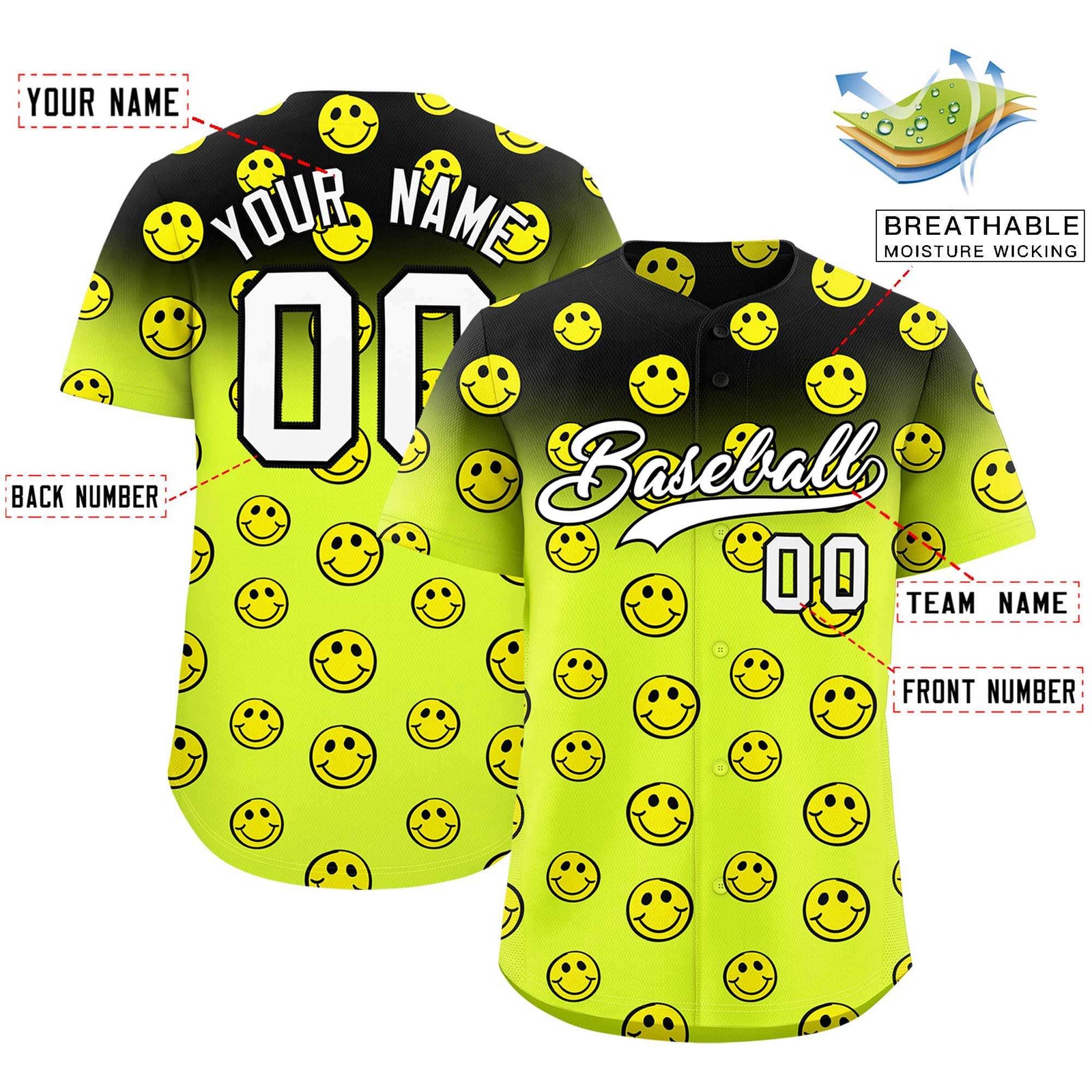Custom Black Fluorescent Green Graffiti Gradient Pattern Authentic Smile Baseball Jersey