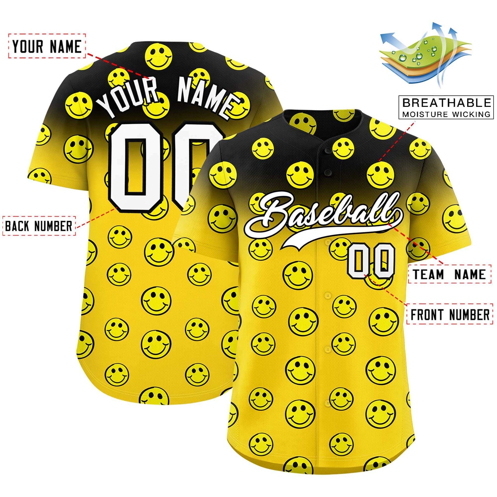 Custom Black Gold Graffiti Gradient Pattern Authentic Smile Baseball Jersey