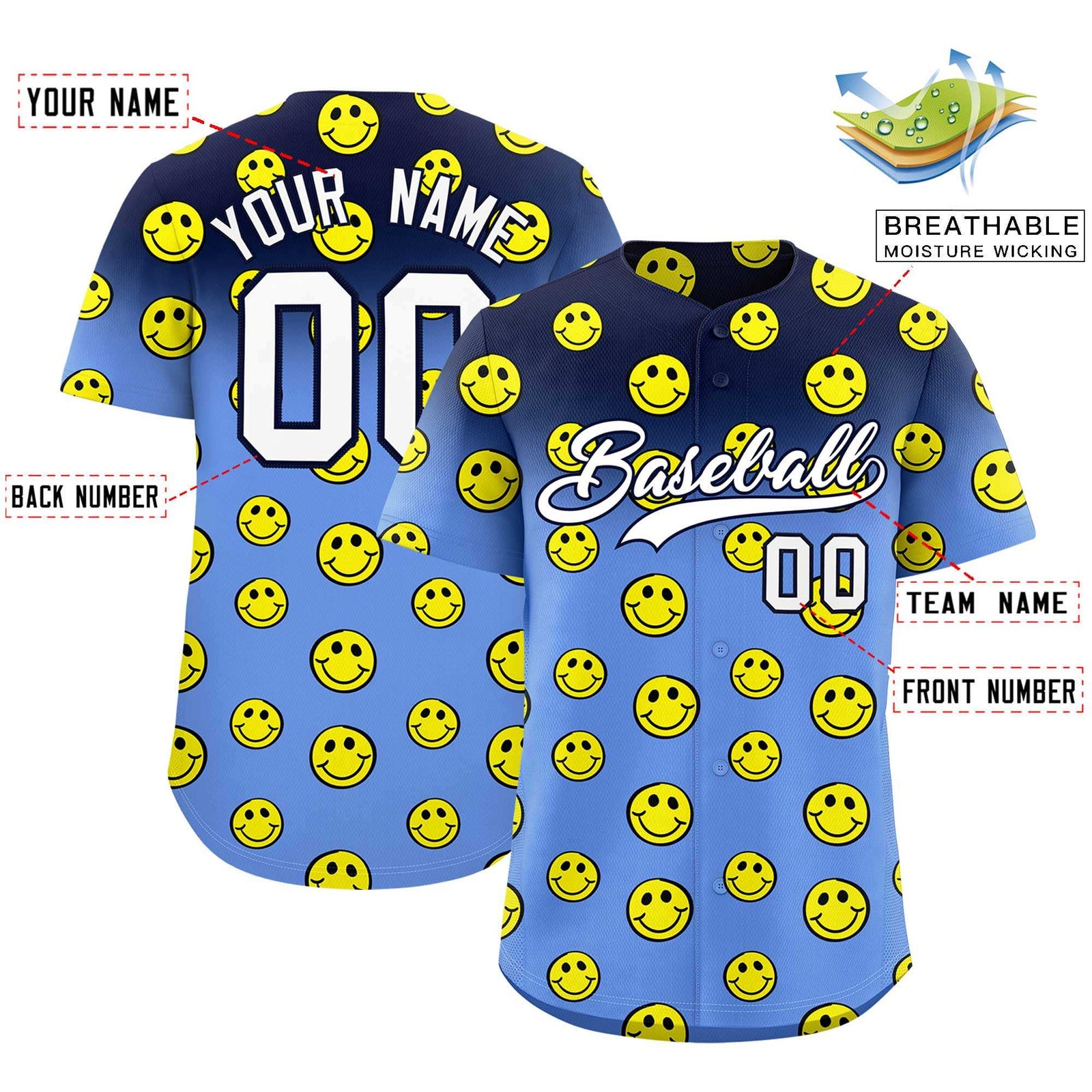 Custom Navy Light Blue Graffiti Gradient Pattern Authentic Smile Baseball Jersey