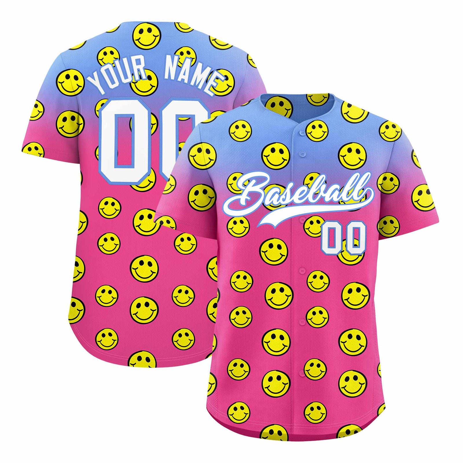 Custom Light Blue Pink Graffiti Gradient Pattern Authentic Smile Baseball Jersey