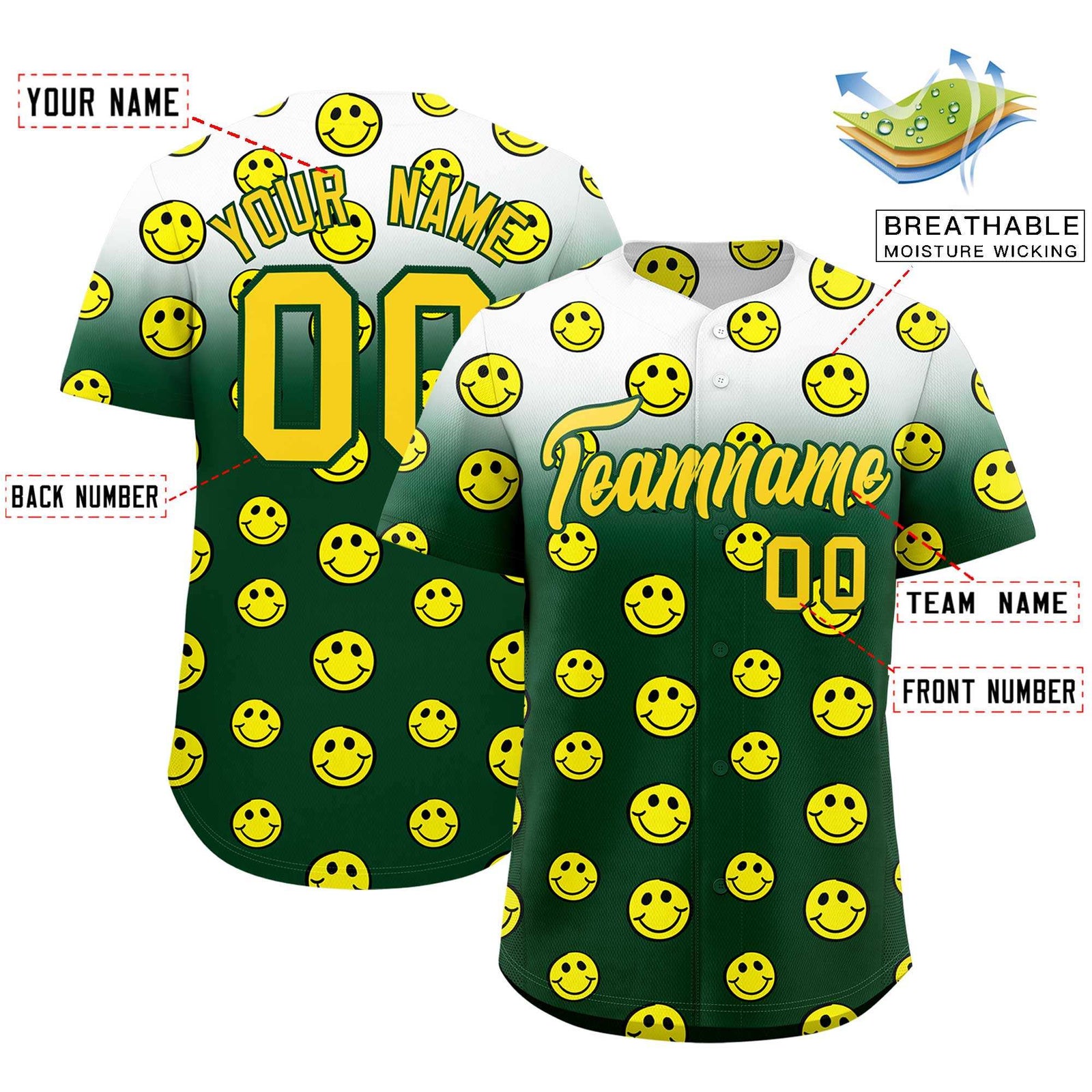 Custom White Green Graffiti Gradient Pattern Authentic Smile Baseball Jersey