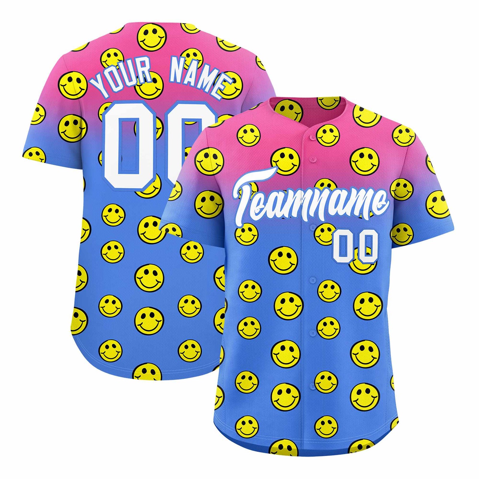 Custom Pink Light Blue Graffiti Gradient Pattern Authentic Smile Baseball Jersey
