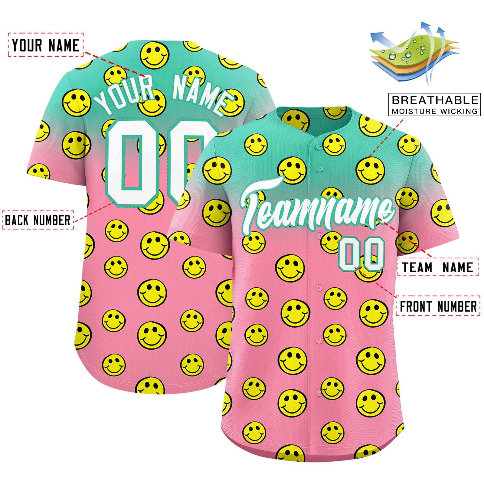 Custom Bright Green Light Pink Graffiti Gradient Pattern Authentic Smile Baseball Jersey