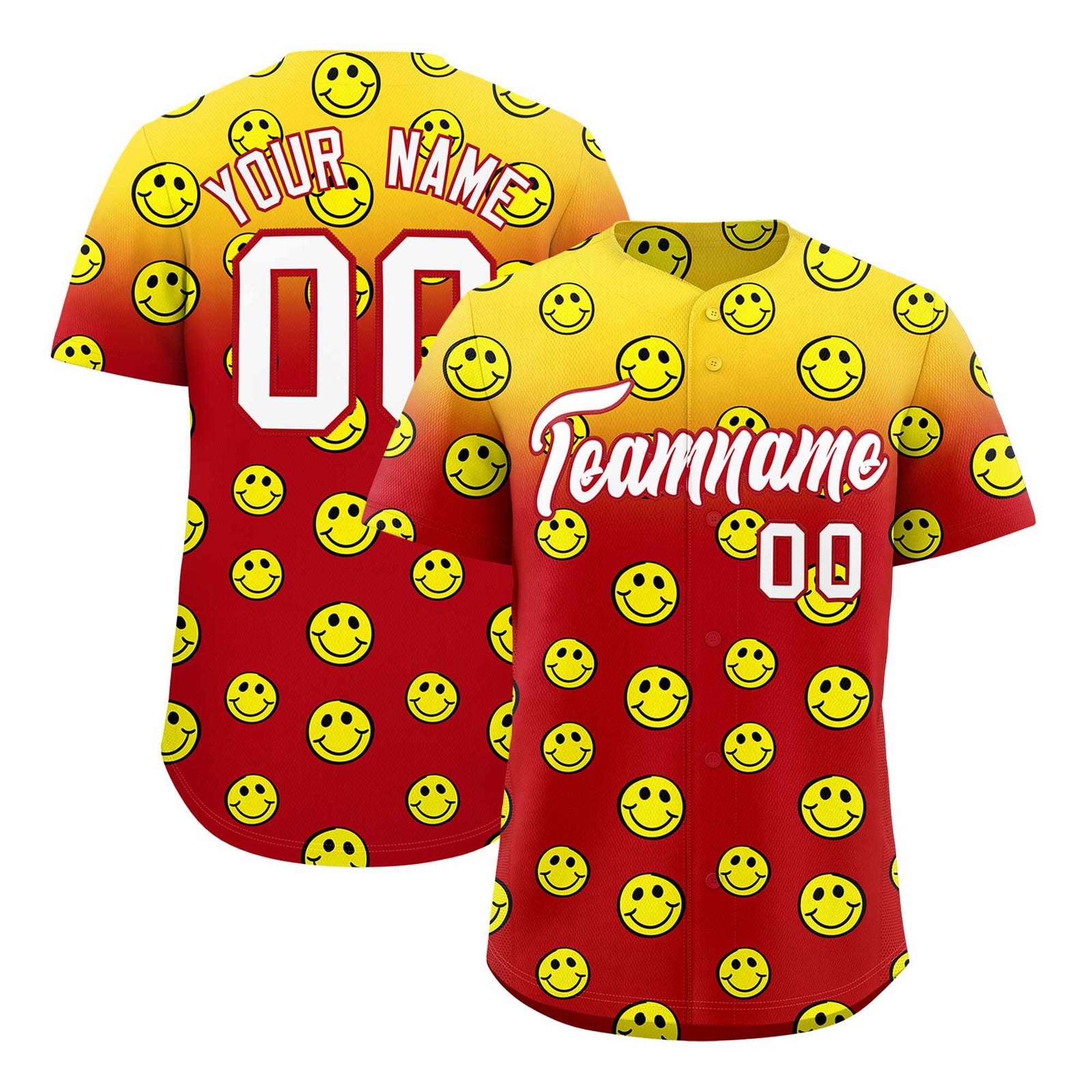 Custom Gold Red Graffiti Gradient Pattern Authentic Smile Baseball Jersey