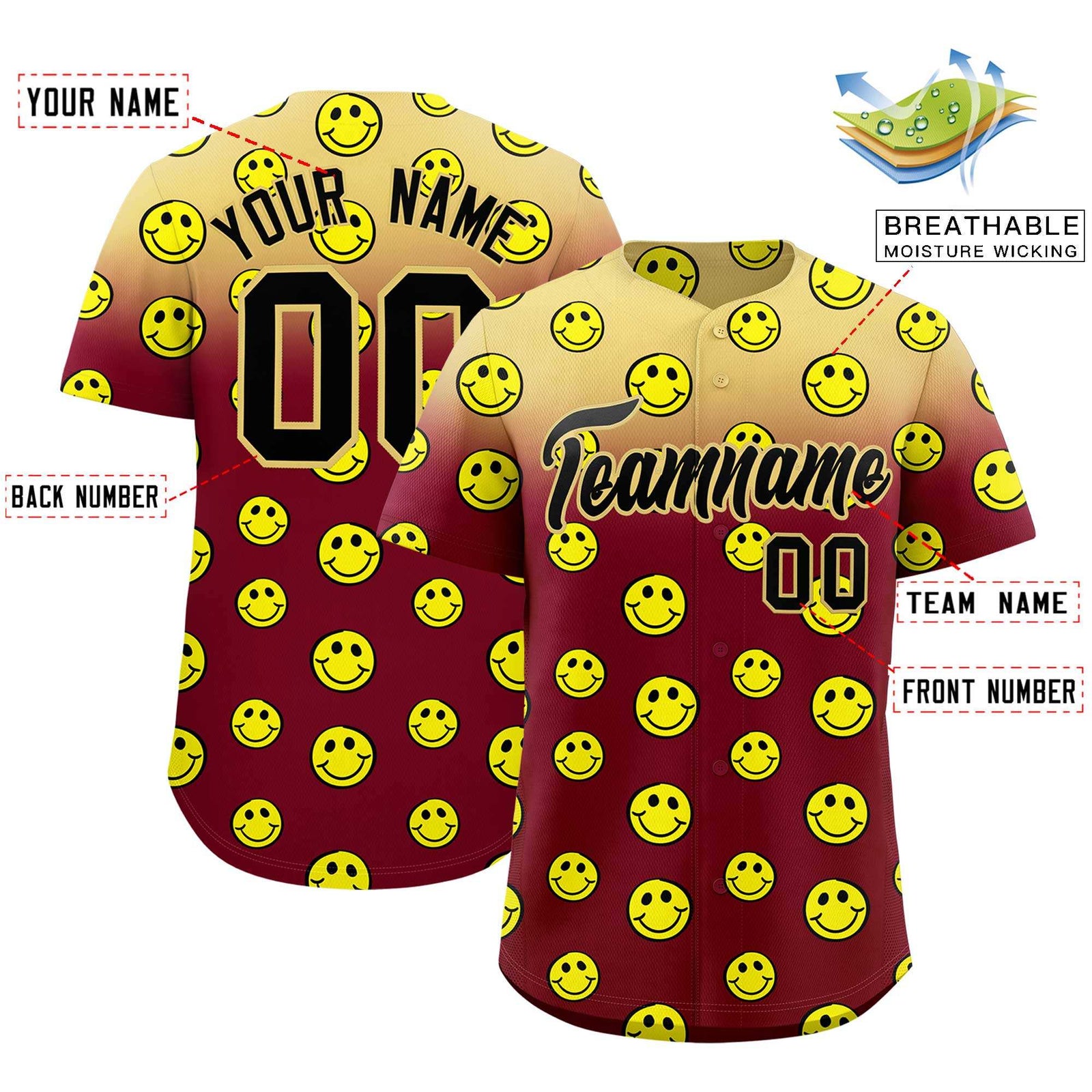 Custom Khaki Crimson Graffiti Gradient Pattern Authentic Smile Baseball Jersey