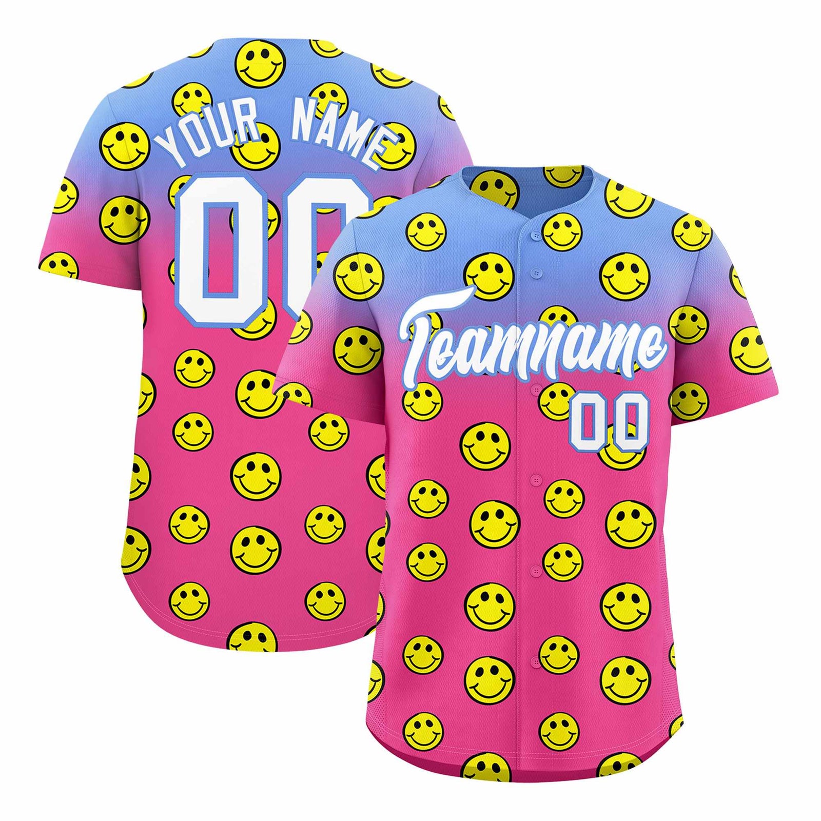 Custom Light Blue Pink Graffiti Gradient Pattern Authentic Smile Baseball Jersey