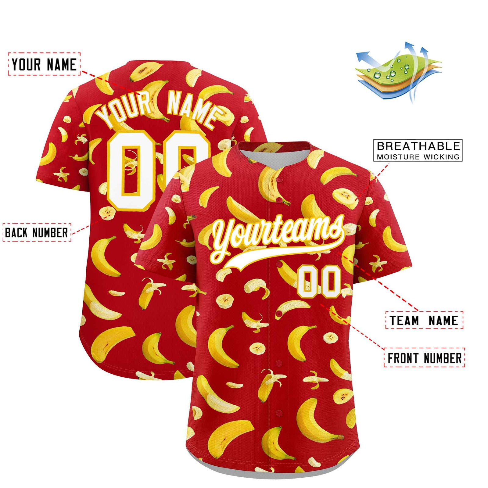 Custom Red Banana Graffiti Pattern Fashion Authentic Baseball Jersey | Graffiti Pattern | Embroidery&Dye-sublimation printing | KXKSHOP