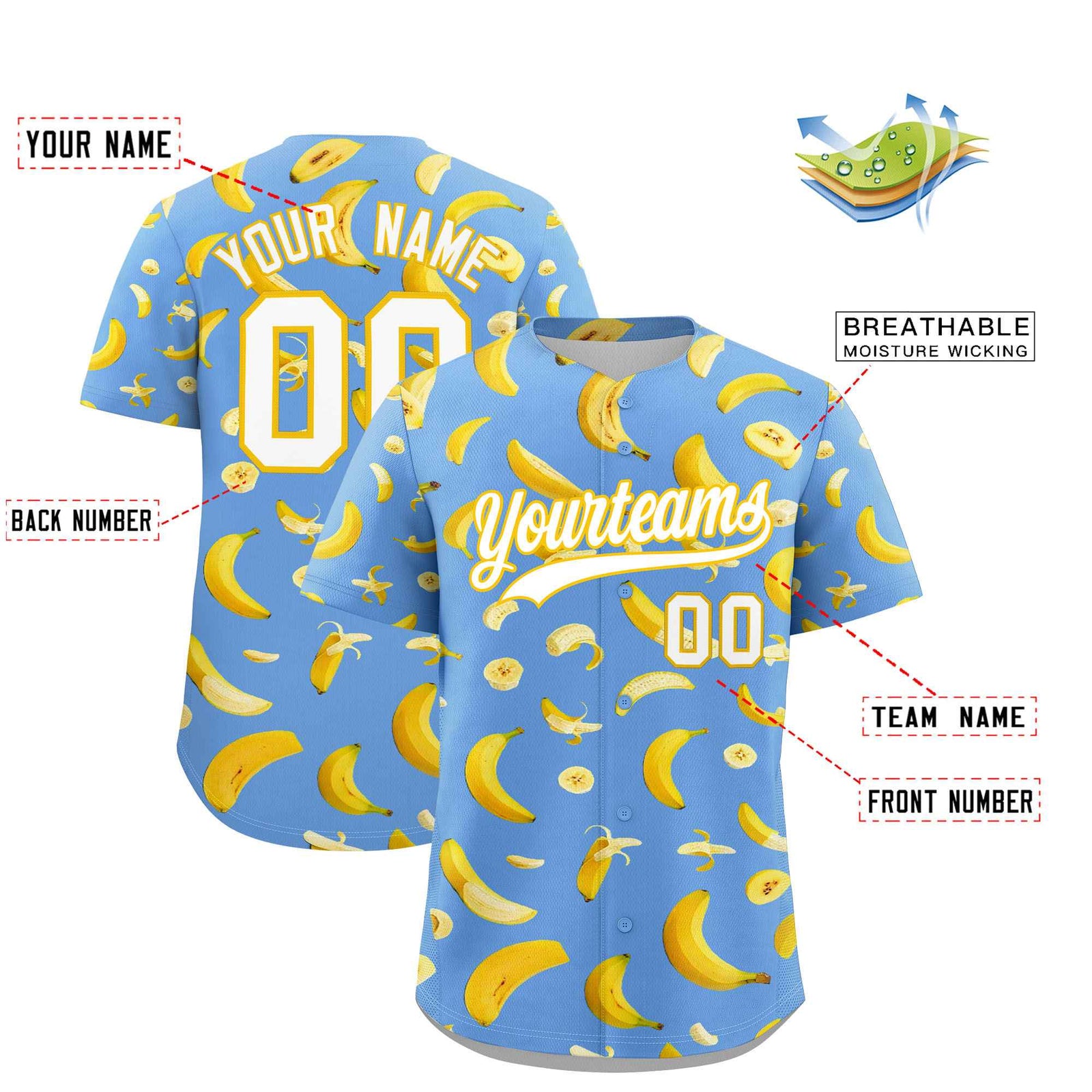 Custom Light Blue Banana Graffiti Pattern Fashion Authentic Baseball Jersey | Graffiti Pattern | Embroidery&Dye-sublimation printing | KXKSHOP