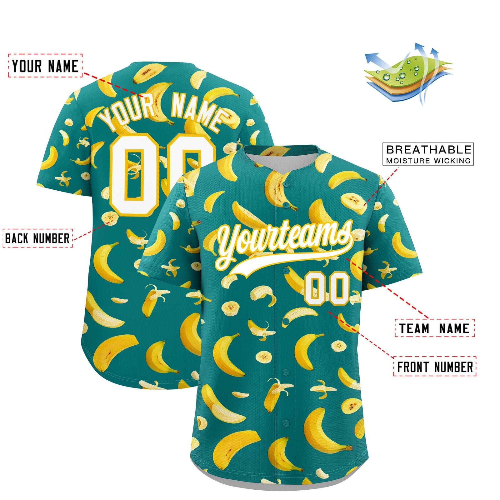 Custom Teal Banana Graffiti Pattern Fashion Authentic Baseball Jersey | Graffiti Pattern | Embroidery&Dye-sublimation printing | KXKSHOP