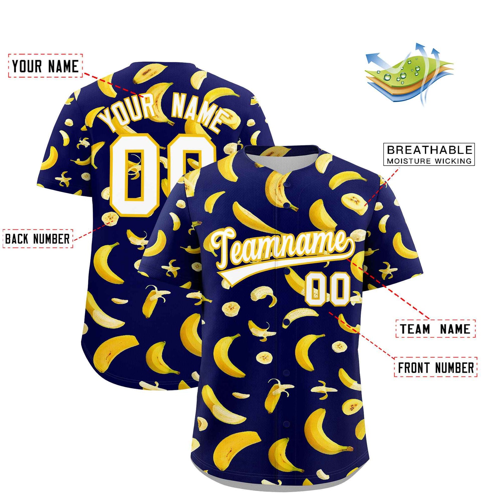 Custom Dark Blue Banana Graffiti Pattern Fashion Authentic Baseball Jersey | Graffiti Pattern | Embroidery&Dye-sublimation printing | KXKSHOP