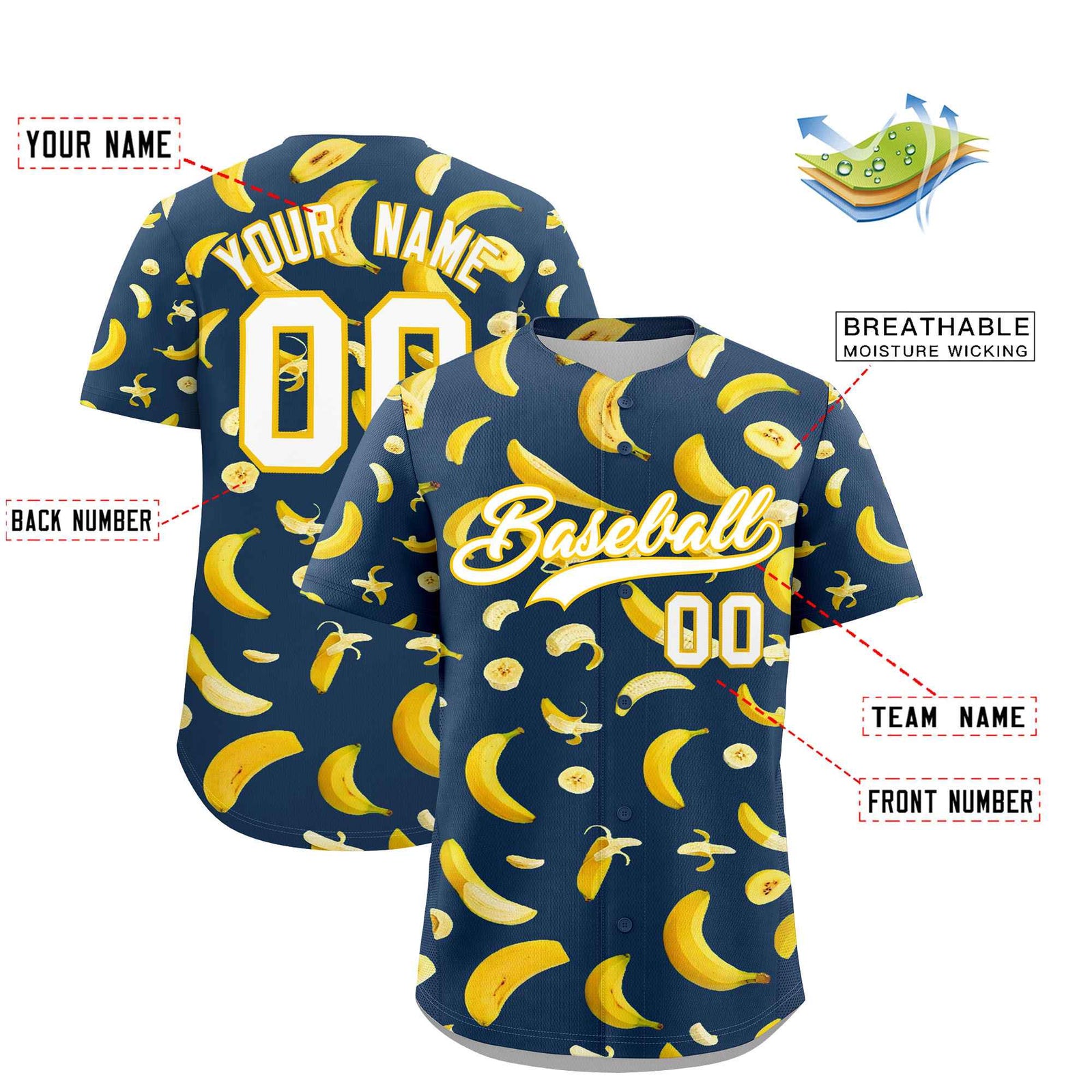Custom Midnight Blue Banana Graffiti Pattern Fashion Authentic Baseball Jersey | Graffiti Pattern | Embroidery&Dye-sublimation printing | KXKSHOP