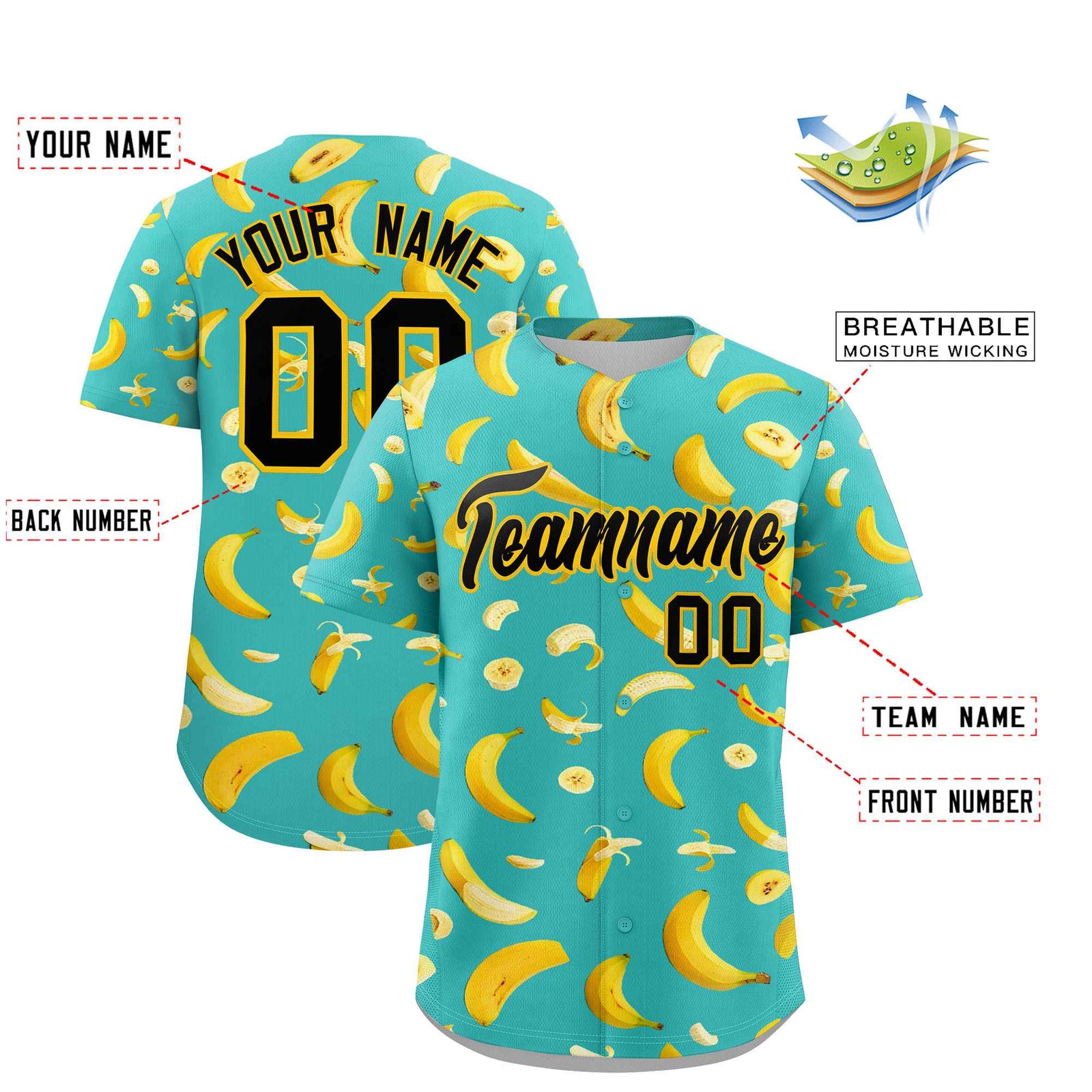 Custom Teal Banana Graffiti Pattern Fashion Authentic Baseball Jersey | Graffiti Pattern | Embroidery&Dye-sublimation printing | KXKSHOP