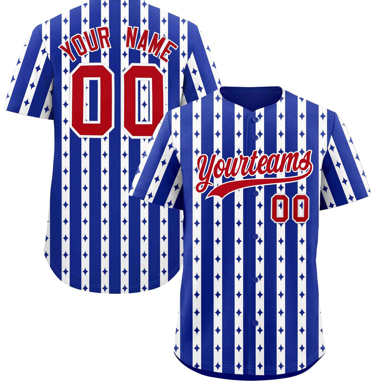 Custom Royal Blue White Star Pattern Thick Stripes Baseball Jersey
