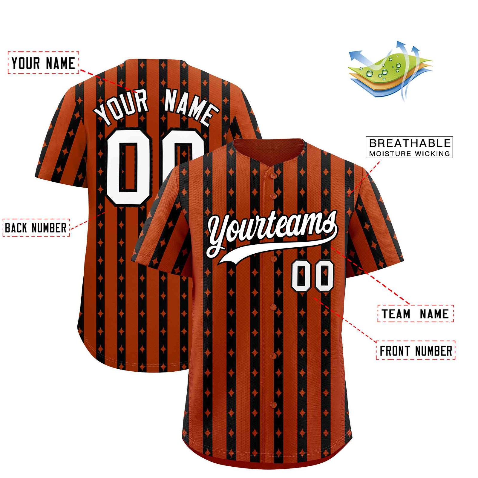 Custom Dark Orange Black Star Pattern Thick Stripes Baseball Jersey