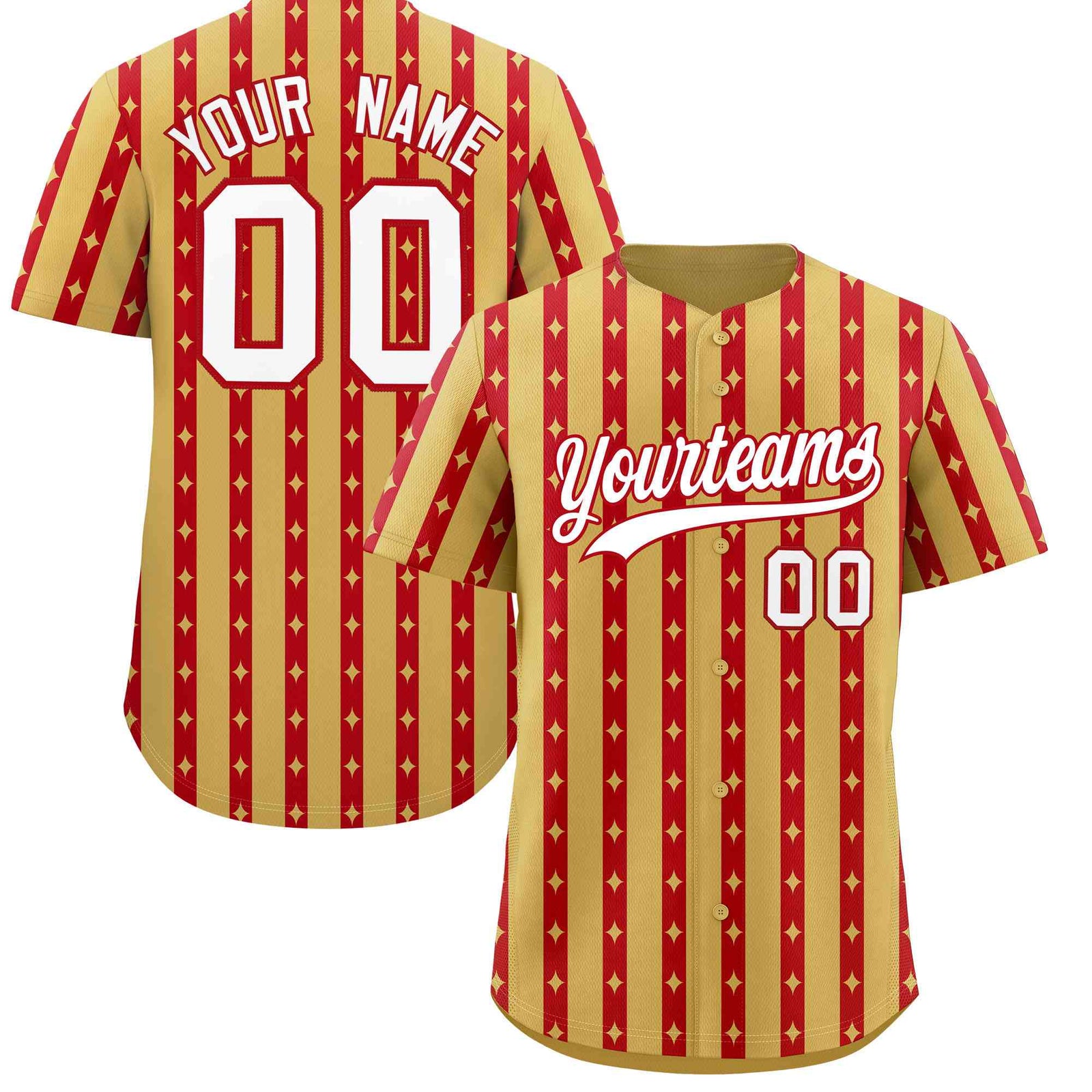 Custom Old Gold Red Star Pattern Thick Stripes Baseball Jersey